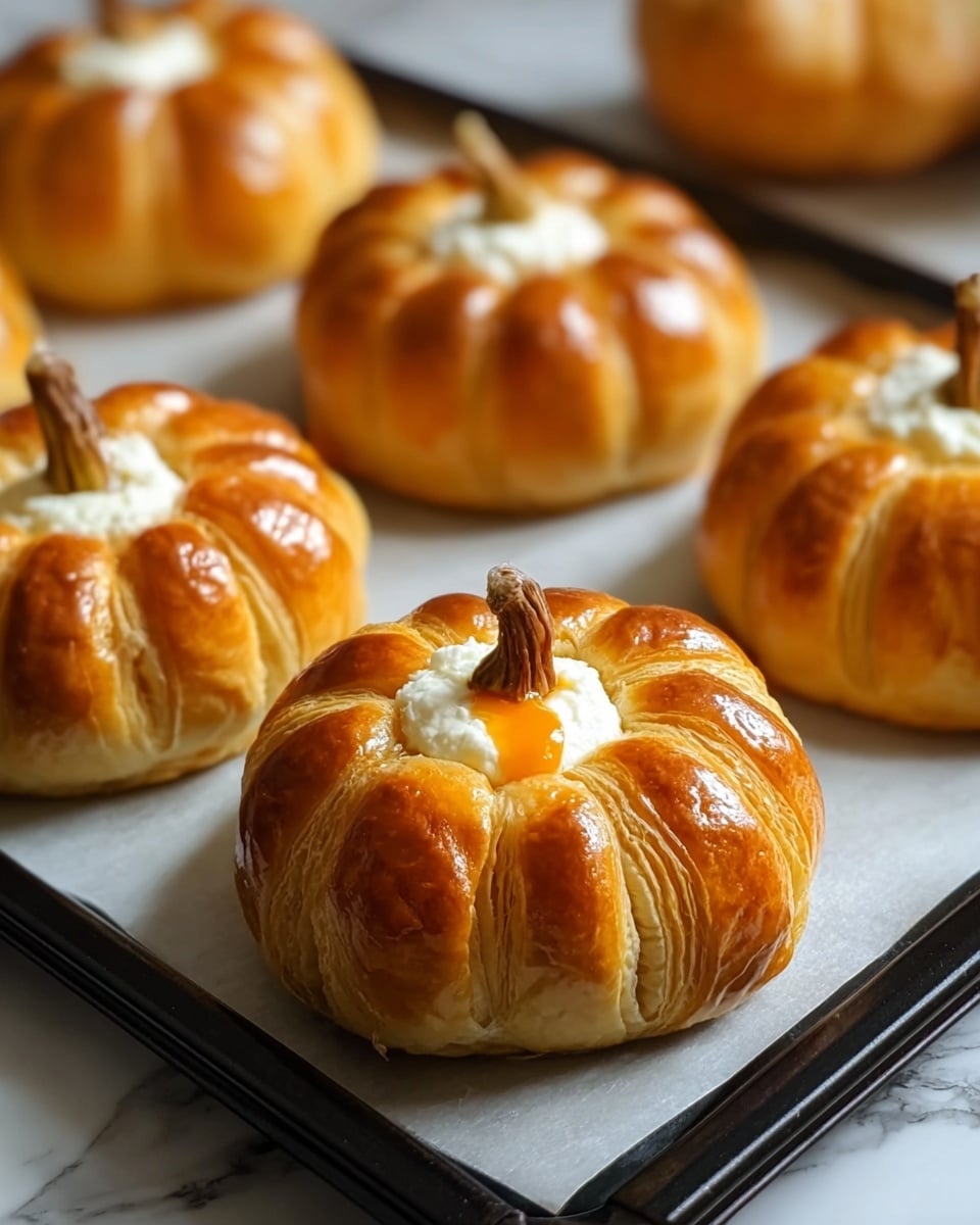 The image shows several small pumpkin-shaped pastries arranged on white baking paper placed on a black baking tray. Each pastry has a shiny, golden-brown top with defined ridges giving it a pumpkin-like look. The center of the closest pastry reveals a creamy white filling with a small drop of orange sauce on top, while a small brown stem-like piece is placed in the middle. The pastries have multiple thin layers of baked dough, giving them a flaky texture. The background is a white marbled surface. photo taken with an iphone --ar 4:5 --v 7