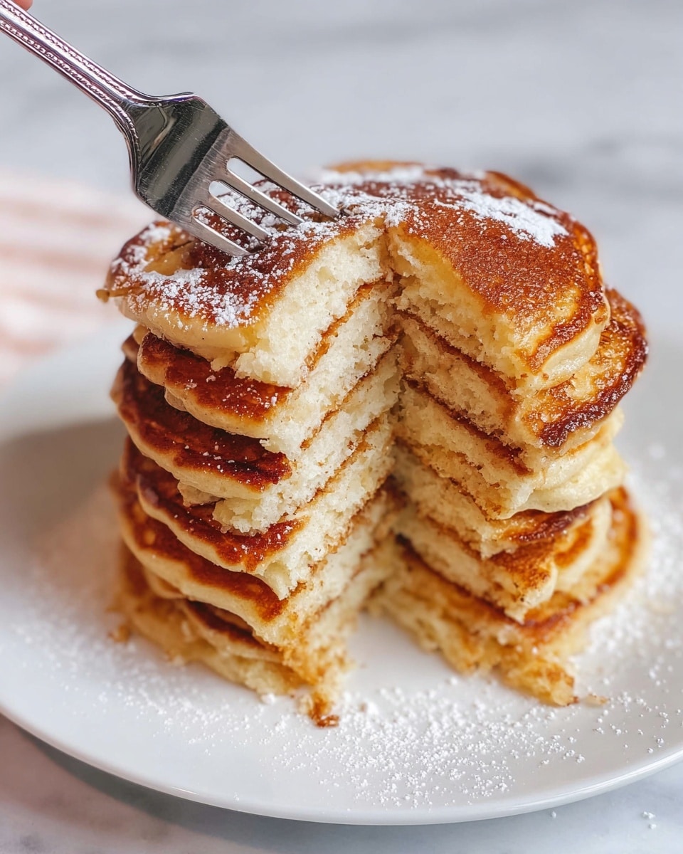 A stack of seven golden-brown pancakes sits on a white plate over a white marbled surface. The pancakes are evenly cooked, with slightly crispy edges and soft, fluffy centers that show a light, creamy texture inside. A metal fork is lifting a portion from the top pancake, revealing the tender layers inside. There is a fine dusting of powdered sugar on top of the stack, adding a light white contrast to the warm browns of the pancakes. photo taken with an iphone --ar 4:5 --v 7
