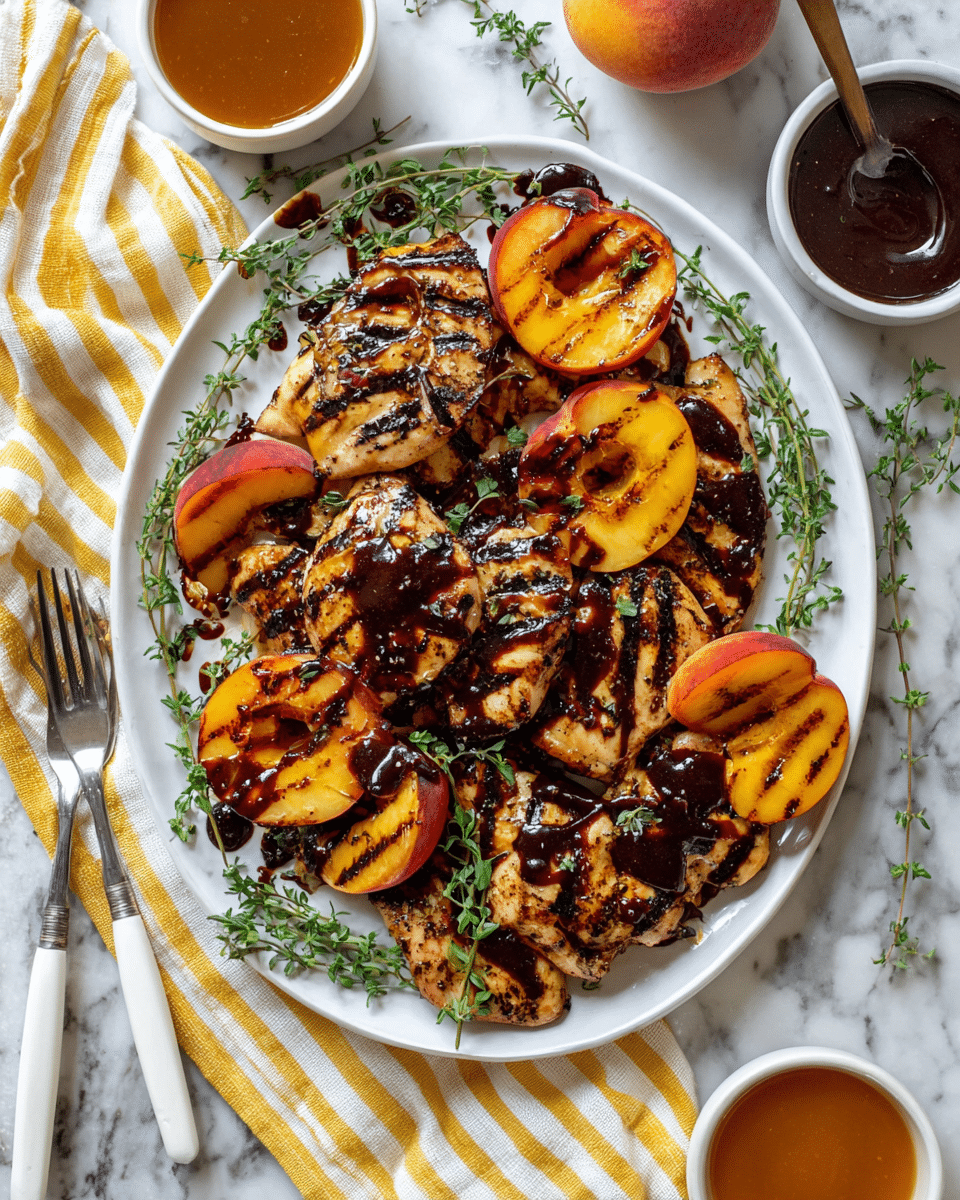 The image shows a white plate full of grilled chicken breasts, each with dark grill marks and glossy brown sauce drizzled over them, giving a shiny texture. Among the chicken pieces, there are several grilled peach halves, also with clear dark grill lines and a slightly charred look, with the peaches' orange and red colors standing out. Fresh green sprigs of thyme are scattered across the dish, adding color contrast and texture. Around the plate, there are small white bowls, one with a dark sauce and another with a lighter orange sauce, both appearing glossy and thick. The setting is on a white marbled surface with a yellow and white striped cloth partially visible, enhancing the warm tones of the food. A fork and knife with white handles sit to the side. photo taken with an iphone --ar 4:5 --v 7