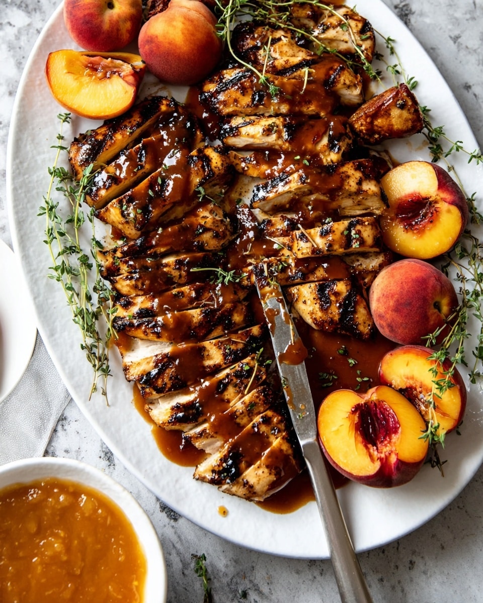 The image shows a white oval plate filled with grilled chicken breasts sliced into thick pieces and covered with a shiny, dark glaze sauce. Around the chicken, whole and halved grilled peaches with visible char marks and a rich orange-red color add contrast. Fresh green sprigs of thyme are spread over the dish to give a fresh touch. A small amount of sauce is pooled on the plate and the food is set on a white marbled surface. To the left side of the plate, there is a white bowl with a bright orange sauce that looks thick and smooth, adding a pop of color to the scene. A knife is placed on the plate with the tip just under some slices of chicken. photo taken with an iphone --ar 4:5 --v 7