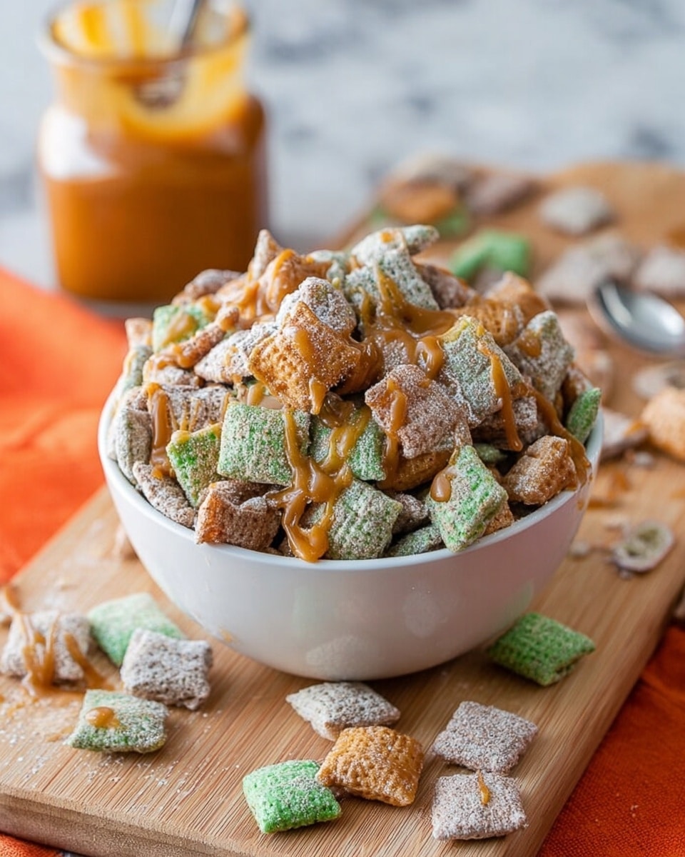 A close-up image of a white bowl filled with square cereal pieces in pale brown and green colors, drizzled with a smooth caramel sauce creating shiny streaks on top. The bowl is placed on a light wooden board scattered with extra cereal pieces and small caramel squares. In the background, there is a glass container with caramel sauce and a spoon resting against a white marbled surface. The overall texture of the cereal looks crunchy with powdered sugar coating. photo taken with an iphone --ar 4:5 --v 7
