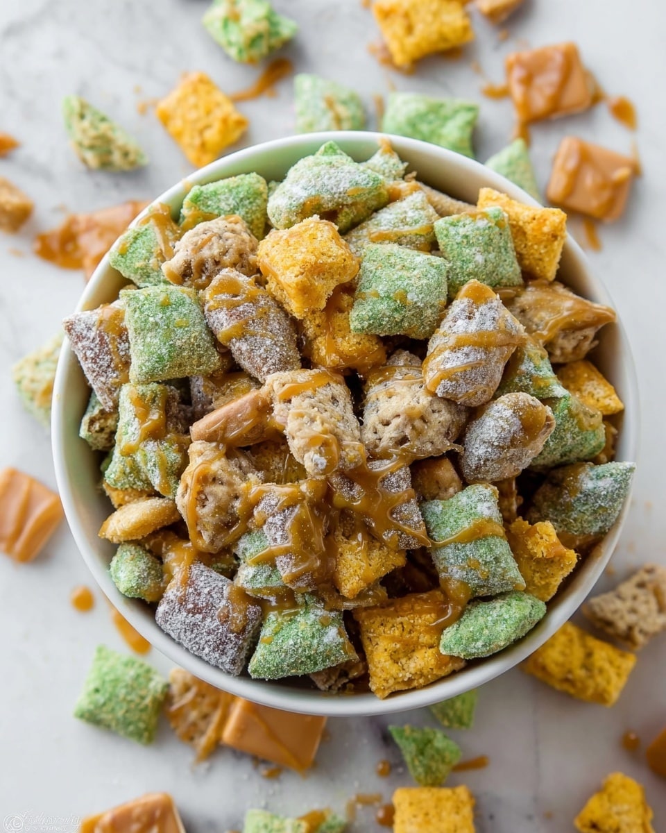 A close-up view of a white bowl filled with a colorful snack mix made of green, yellow, and light brown crunchy pieces, all coated lightly with a powdery sugar layer and drizzled with caramel sauce on top. The green pieces have a rough texture, the yellow ones are square and coated with powdered sugar, and the light brown pieces have a crumbly look. Some caramel squares and bits of the mix are scattered around the bowl on a white marbled surface, adding to the casual and inviting presentation. photo taken with an iphone --ar 4:5 --v 7