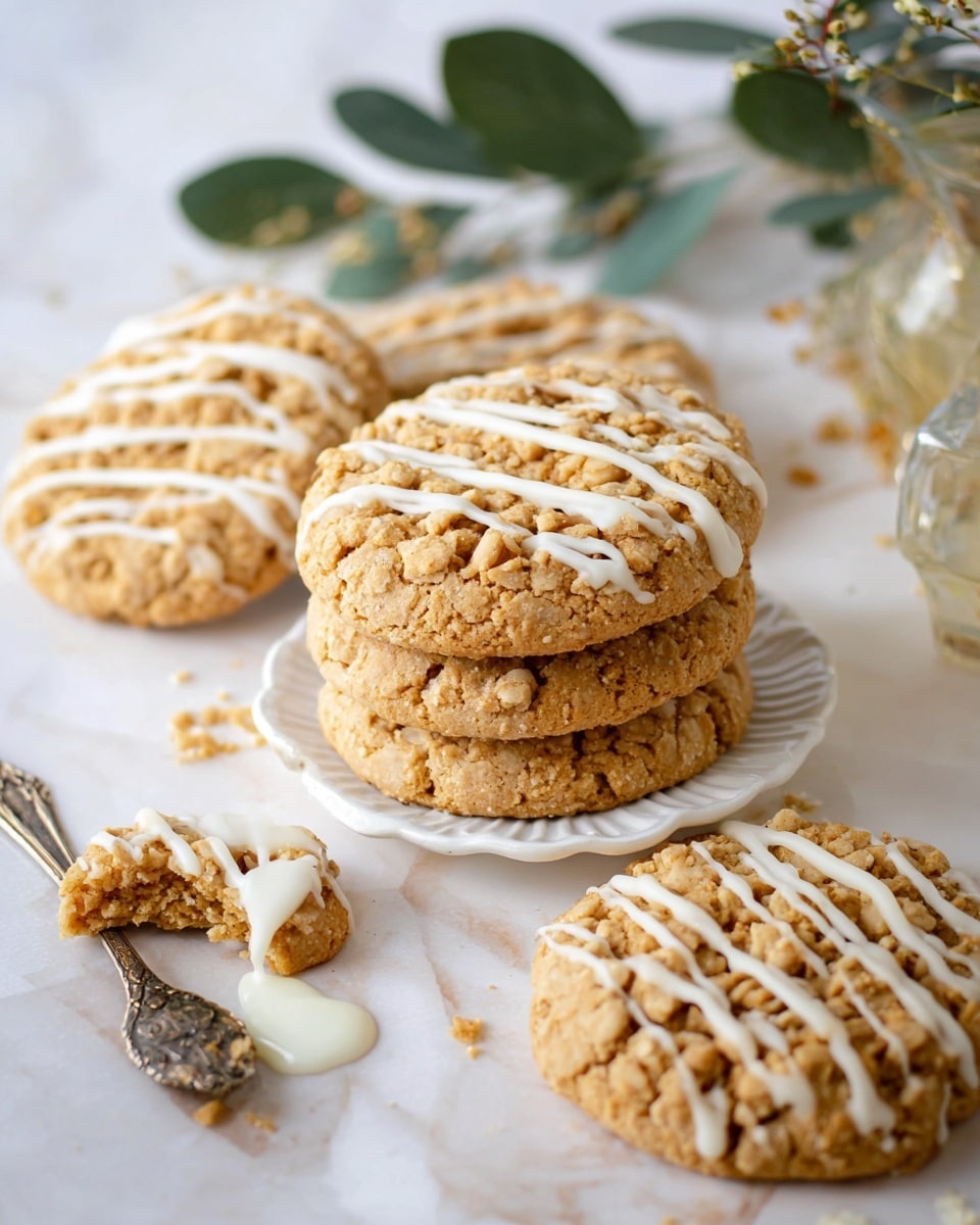 The image shows five large round cookies with a crumbly texture, each topped with golden brown streusel crumbs and drizzled with white icing in thin stripes. Three cookies lay flat on a white marbled surface, while two are stacked on a white ruffled-edge plate in the center. A vintage spoon holds white icing placed among the cookies. In the background, out of focus, are green leaves and a blurred glass container on the white marbled surface. The overall scene has a light, soft tone with warm golden cookie colors and creamy white accents. photo taken with an iphone --ar 4:5 --v 7