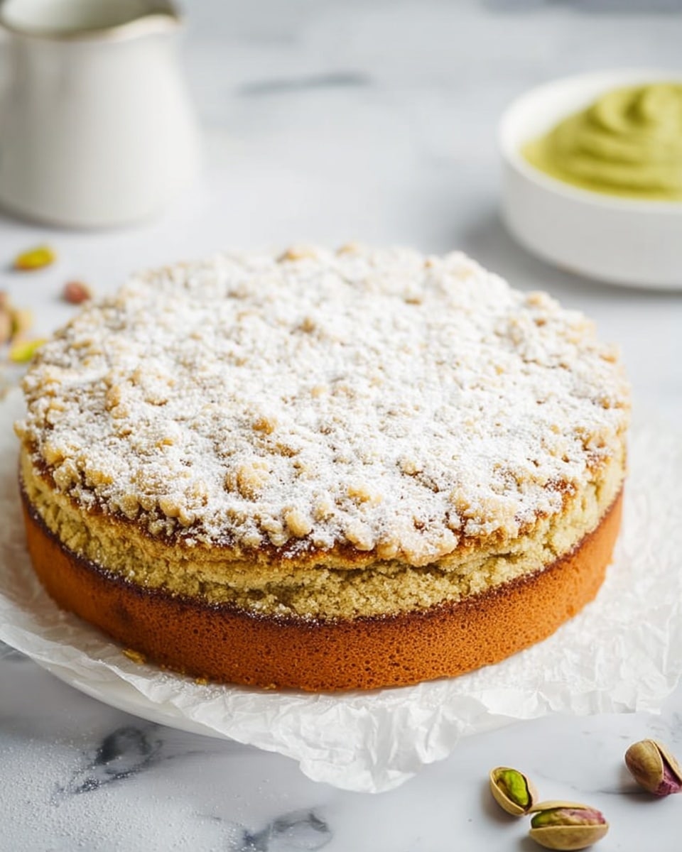 A round cake with a golden-brown layer at the bottom and a crumbly light brown top layer covered with powdered sugar and drizzled with a smooth, shiny pale green glaze in a crisscross pattern. The cake sits on white parchment paper on top of a white marbled surface. Around the cake, there is a metal measuring cup filled with shelled pistachios on the left, a small white bowl with unshelled pistachios at the top, a bottle of milk on the right, a small glass jar with more pale green glaze next to the milk, and a white bowl of pale green creamy spread at the bottom left. A knife with some pale green glaze on its blade rests on the surface near the cake. A few loose pistachios are scattered on the surface. photo taken with an iphone --ar 4:5 --v 7