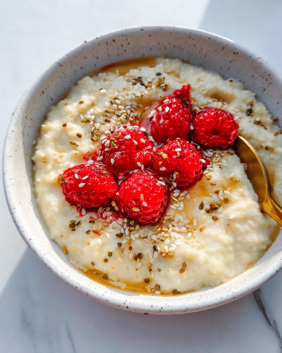 A creamy pale yellow porridge filling most of a white speckled bowl, with a soft and slightly lumpy texture, topped with bright red fresh raspberries arranged in a neat row across the top center. The porridge is drizzled with golden honey and sprinkled with a mix of seeds including white sesame and brown flax seeds, adding texture and contrast. A gold spoon is partially dipped into the porridge on the right side. The bowl is placed on a white marbled surface. photo taken with an iphone --ar 4:5 --v 7