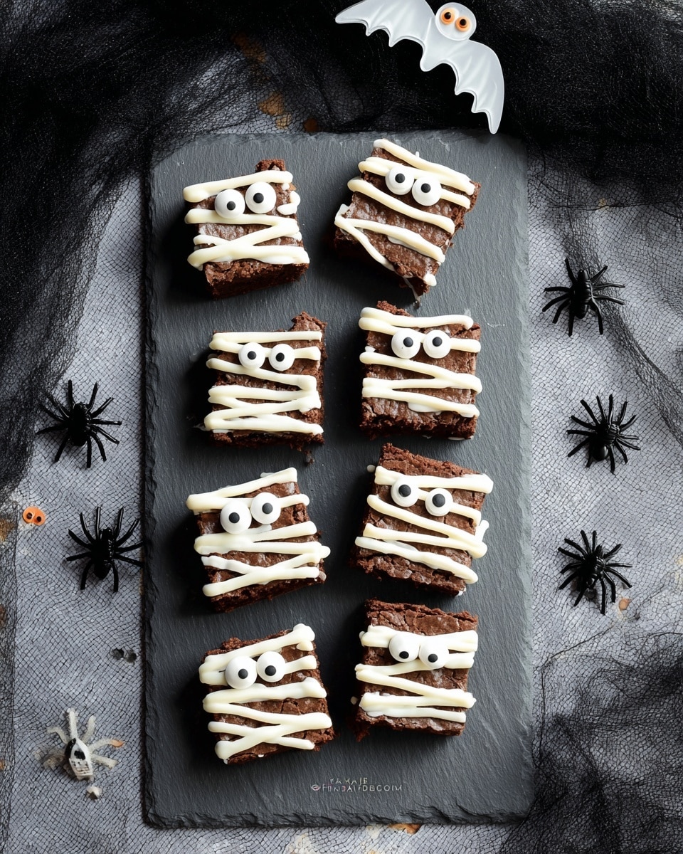 Seven square chocolate brownies are arranged neatly in two vertical columns on a dark gray slate serving board, each topped with a rough zigzag pattern of thick white frosting, mimicking mummy bandages. Two small, round, white candy eyes with black pupils are placed near the top center of each brownie, giving them a playful face. The board rests on a white marbled textured surface scattered with small black plastic spider decorations and a translucent white bat ornament at the top left corner. Black, sheer fabric is spread loosely around the edges, adding to the spooky vibe. photo taken with an iphone --ar 4:5 --v 7