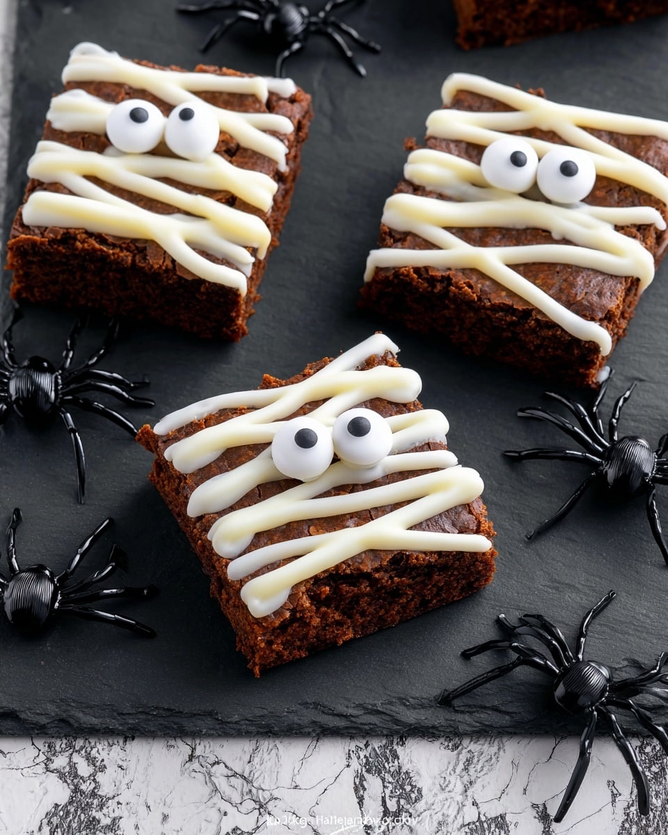 Three square chocolate brownies are topped with white icing piped in zigzag lines, resembling mummy bandages, covering the top layer. Each brownie has two round white candy eyes with black centers placed near the top middle, adding a playful look. The brownies sit on a dark slate board, surrounded by small black plastic spider decorations. The background beneath the board is a white marbled texture with some visible wood grain at the edges. photo taken with an iphone --ar 4:5 --v 7