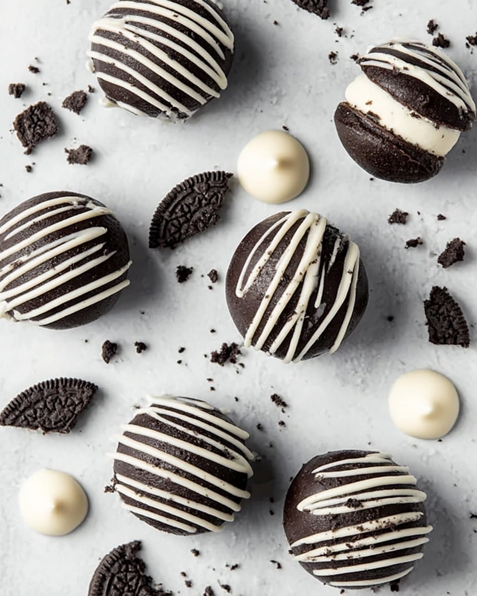 The image shows several round dark chocolate balls placed on a white marbled surface. Each ball is decorated with thin, uneven white drizzle lines that run across the top. Around the balls, there are small broken pieces and crumbs of dark chocolate cookies with white cream filling scattered randomly. There are also three small dollops of smooth white cream positioned near the chocolate balls. The overall scene is clean and simple with a focus on the contrast between the dark chocolate and the white cream elements. photo taken with an iphone --ar 4:5 --v 7