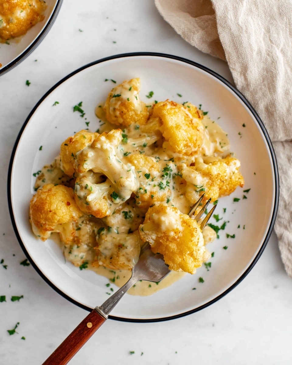 The dish shows several pieces of golden-yellow fried cauliflower covered in a creamy, light sauce with small green herb bits, all piled on a white plate with a thin black rim. The texture looks soft with the fried parts slightly crispy and the sauce smooth. A silver fork with a wooden handle is holding a piece of cauliflower close to the camera, showing the sauce clinging to it. The plate is placed on a white marbled surface with a beige napkin nearby, giving a clean and simple background. Small herb sprinkles add color contrast on the dish and surface photo taken with an iphone --ar 4:5 --v 7