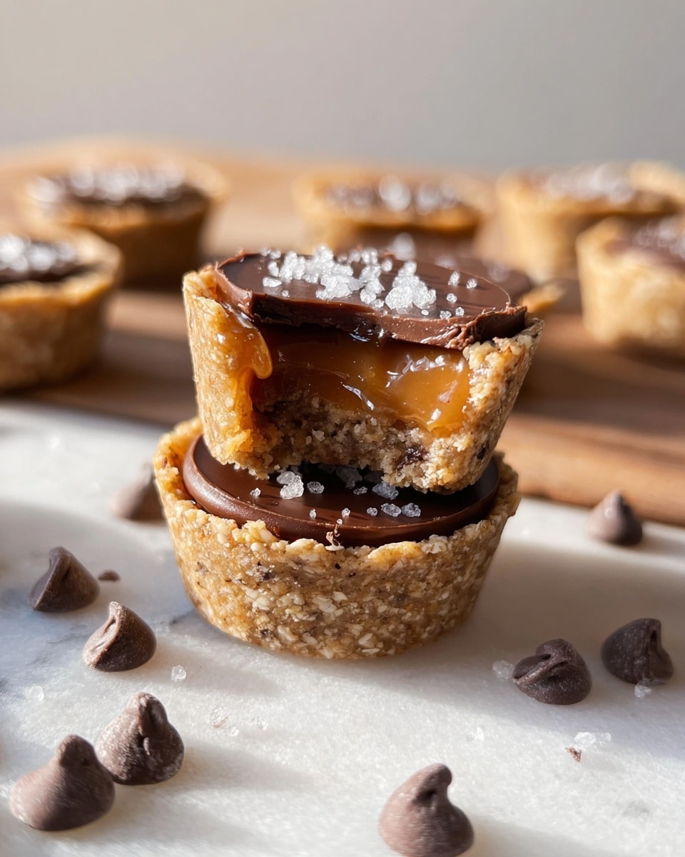 The image shows two small round tarts stacked, with the top tart bitten to reveal its inside. Each tart has three layers: the bottom layer is a light brown crumbly crust with a grainy texture, the middle layer is a soft and gooey caramel-colored filling, and the top layer is a smooth, shiny dark brown chocolate piece with coarse salt sprinkled on it. Around the tarts, scattered chocolate chips and salt crystals rest on a white marbled surface with more tarts blurred in the background. The lighting creates soft shadows and highlights, making the textures clear and appealing. Photo taken with an iphone --ar 4:5 --v 7