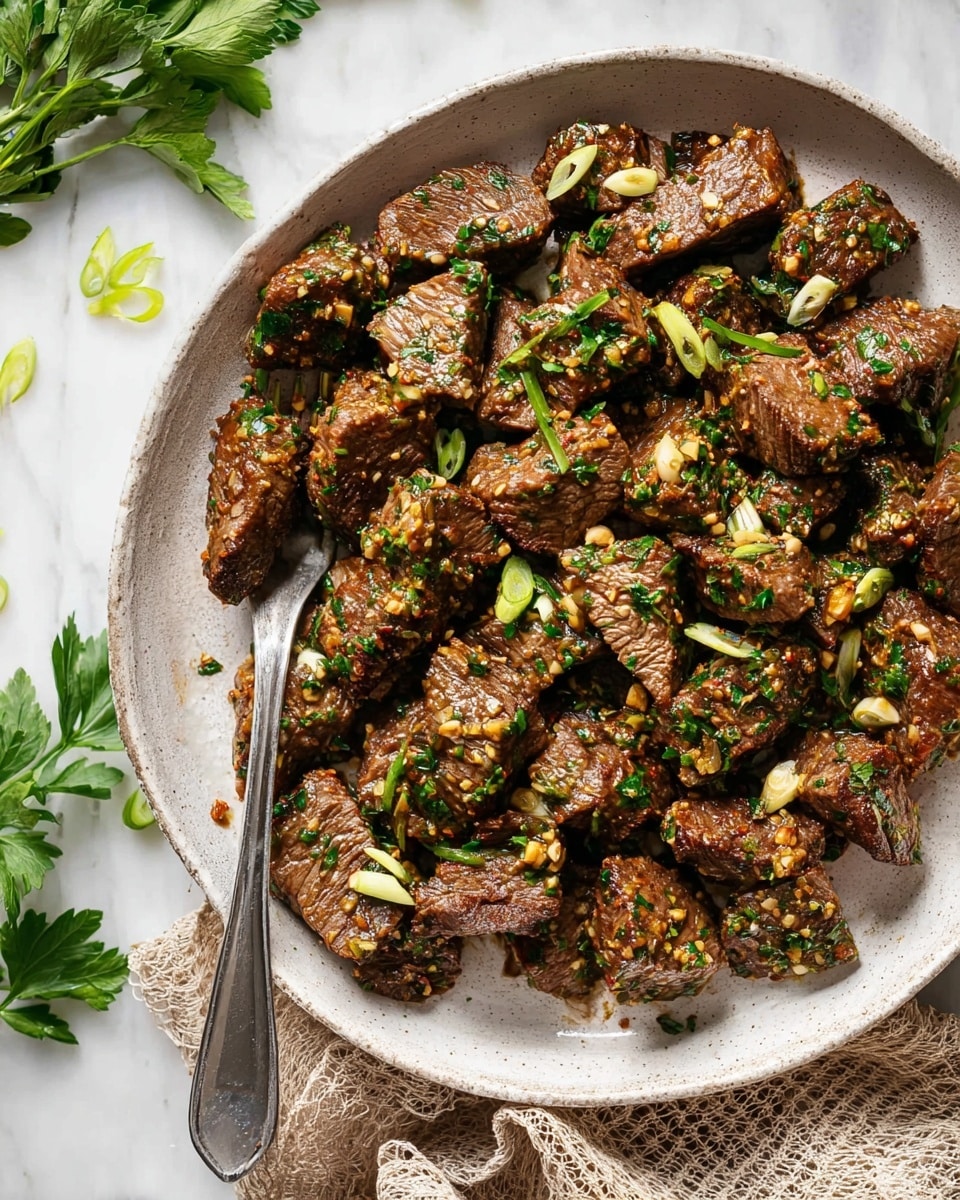 A close-up view of a black pan filled with medium-sized browned beef cubes, cooked with finely chopped garlic and fresh green parsley scattered evenly on top. The beef pieces show a seared texture with bits of garlic clinging to the surface, giving a slightly shiny look. A wooden spoon rests inside the pan on the right side, slightly lifting some beef cubes. Around the pan on a white marbled surface, there are three garlic cloves near the top left corner, some parsley leaves scattered nearby, and a small white bowl filled with sliced green onions at the bottom left corner. The pan handle is golden with a sleek finish. photo taken with an iphone --ar 4:5 --v 7