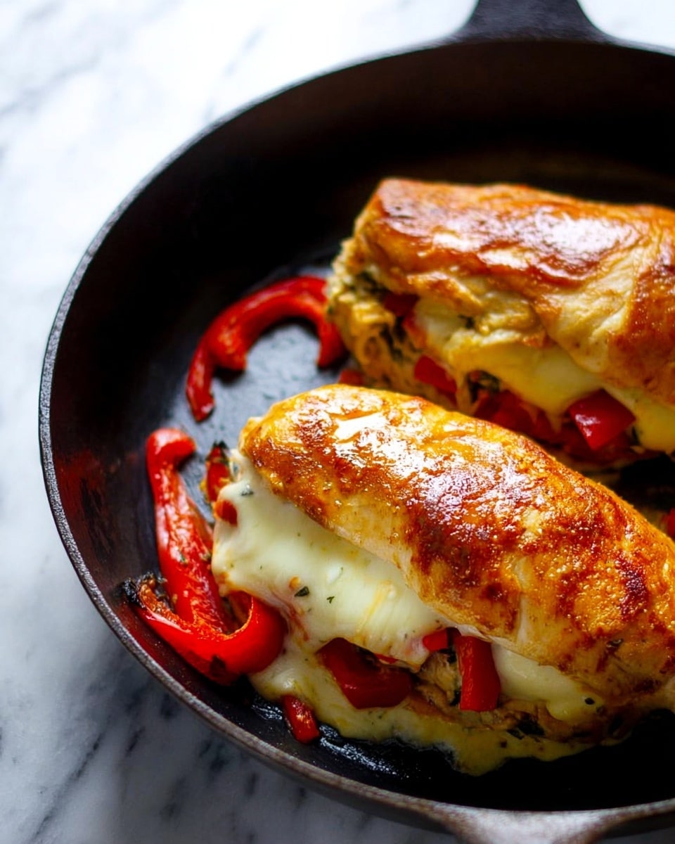 Two pieces of golden-brown cooked chicken breasts are placed in a black pan, each topped with a thick, melted, creamy white cheese layer that drips slightly over the sides. Under the chicken is a layer of bright red roasted bell pepper strips that add a pop of color and texture around the chicken. The black pan sits on a white marbled surface. The overall look is warm and inviting, showing a mix of soft melted cheese, juicy chicken, and tender red peppers. Photo taken with an iphone --ar 4:5 --v 7