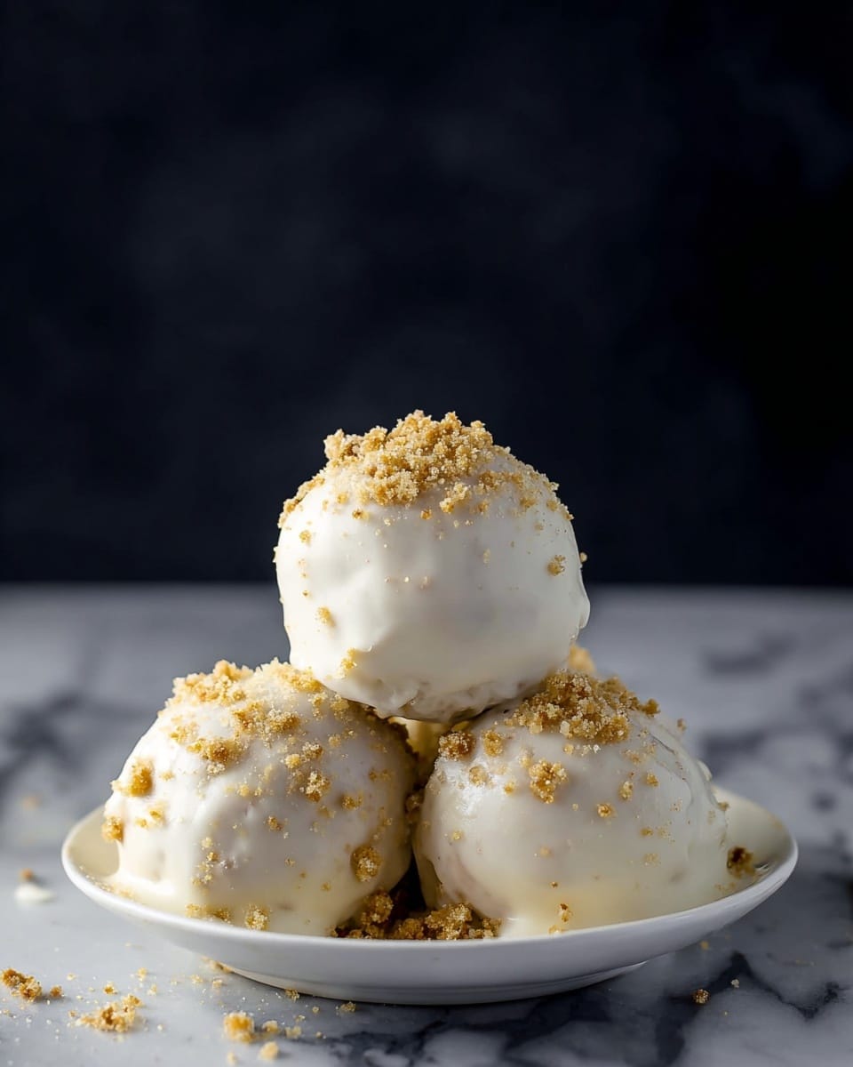 Three round dessert balls covered in smooth white coating sit stacked in a small white plate on a white marbled surface. Each ball is lightly sprinkled with crumbled golden crumbs on top, giving a slightly rough texture contrast against the glossy white covering. The balls have a soft and creamy look, with one slightly on top of two at the bottom, forming a small pyramid shape. The background is dark, making the white plate and dessert stand out clearly. Photo taken with an iphone --ar 4:5 --v 7