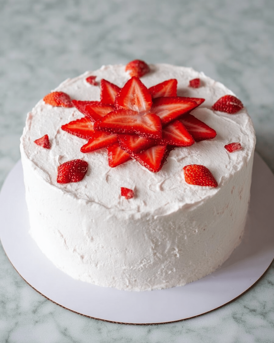A round white cake with three visible layers covered in smooth white frosting sits on a white round board. The top is decorated with fresh red strawberry slices arranged in a star shape in the center, with smaller strawberry pieces placed around the edge. The frosting has a slightly textured, creamy look. The cake is placed on a surface with a white marbled texture. photo taken with an iphone --ar 4:5 --v 7