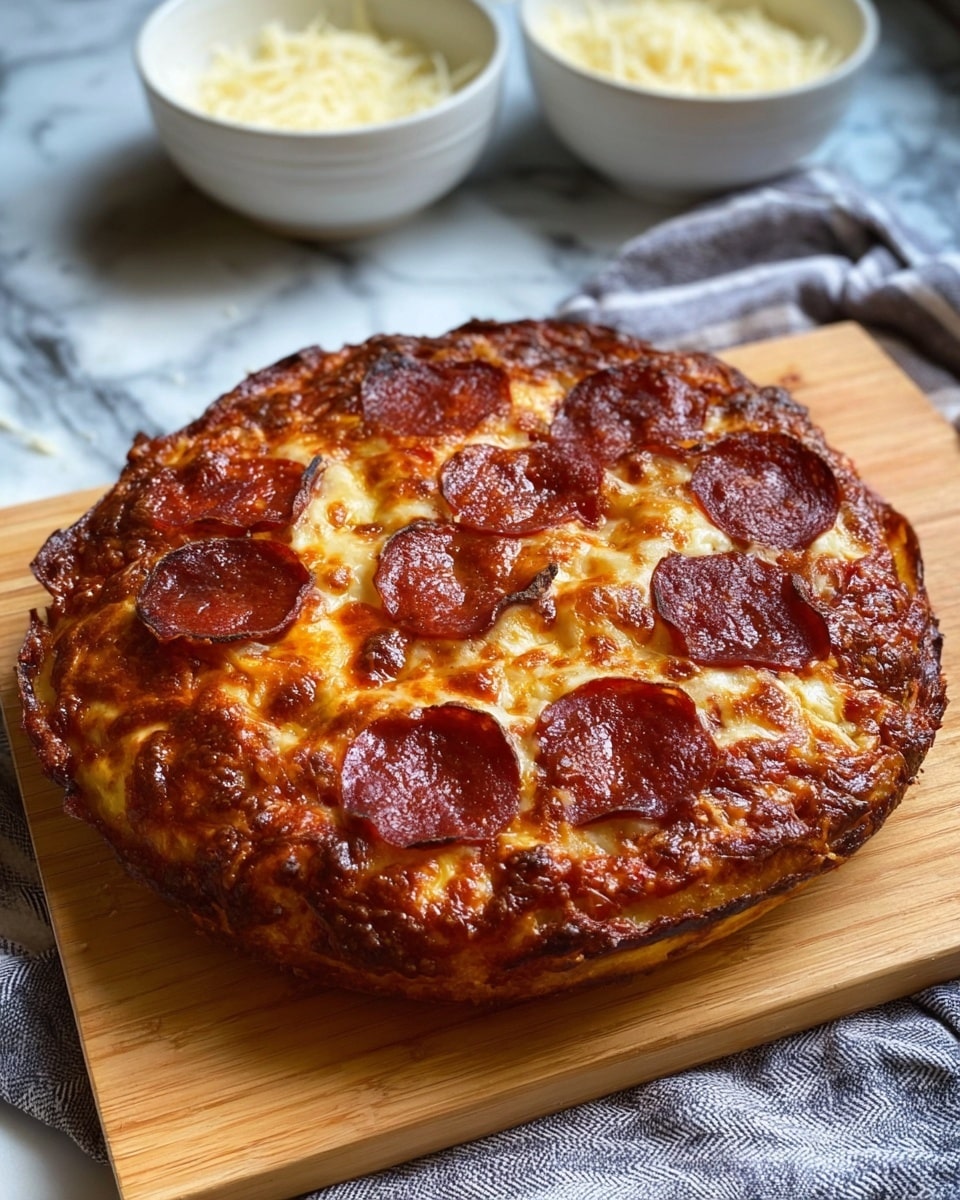 A round pepperoni pizza sits on a light wooden cutting board placed on a gray and white striped cloth, all set on a white marbled surface. The pizza has a thick, golden brown crust with slightly crispy edges. The top layer is covered with melted, bubbly cheese in shades of golden yellow and light brown, with glossy, dark red pepperoni slices evenly spread across the surface. The cheese shows some areas of slight browning, indicating a well-cooked texture. In the background, two white bowls filled with shredded cheese rest partially out of focus. photo taken with an iphone --ar 4:5 --v 7