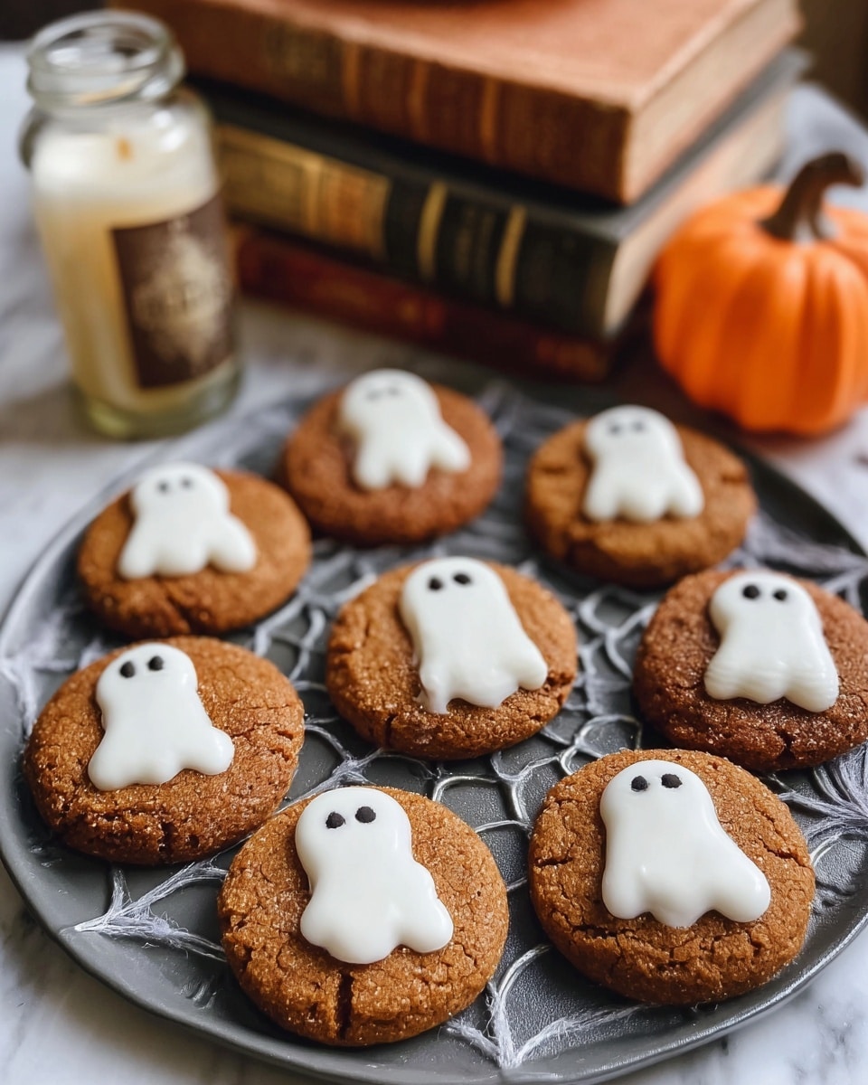 The image shows seven round brown cookies arranged on a gray spiderweb-shaped serving tray, each topped with one or two white ghost shapes made of smooth frosting with three small black dots for eyes and a mouth; the cookies have a cracked, slightly textured surface. In the background, there is a small amber bottle, two stacked worn books with brown and beige covers, and an orange pumpkin-shaped candle, all placed on a white marbled surface. photo taken with an iphone --ar 4:5 --v 7