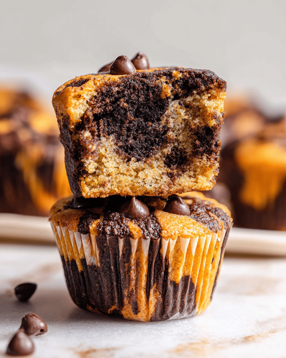 The image shows a two-layer muffin with a marbled texture. The bottom layer is golden brown with dark brown swirls, showing a blend of colors in the paper liner that matches the muffin. The top layer, cut in half and placed on the bottom half, reveals a moist center with dark chocolate and golden brown swirls inside, featuring a crumbly texture. Both layers are topped with several small dark chocolate chips scattered around the surface. The muffin is placed on a white marbled texture surface, with a softly blurred background featuring similar muffins. photo taken with an iphone --ar 4:5 --v 7