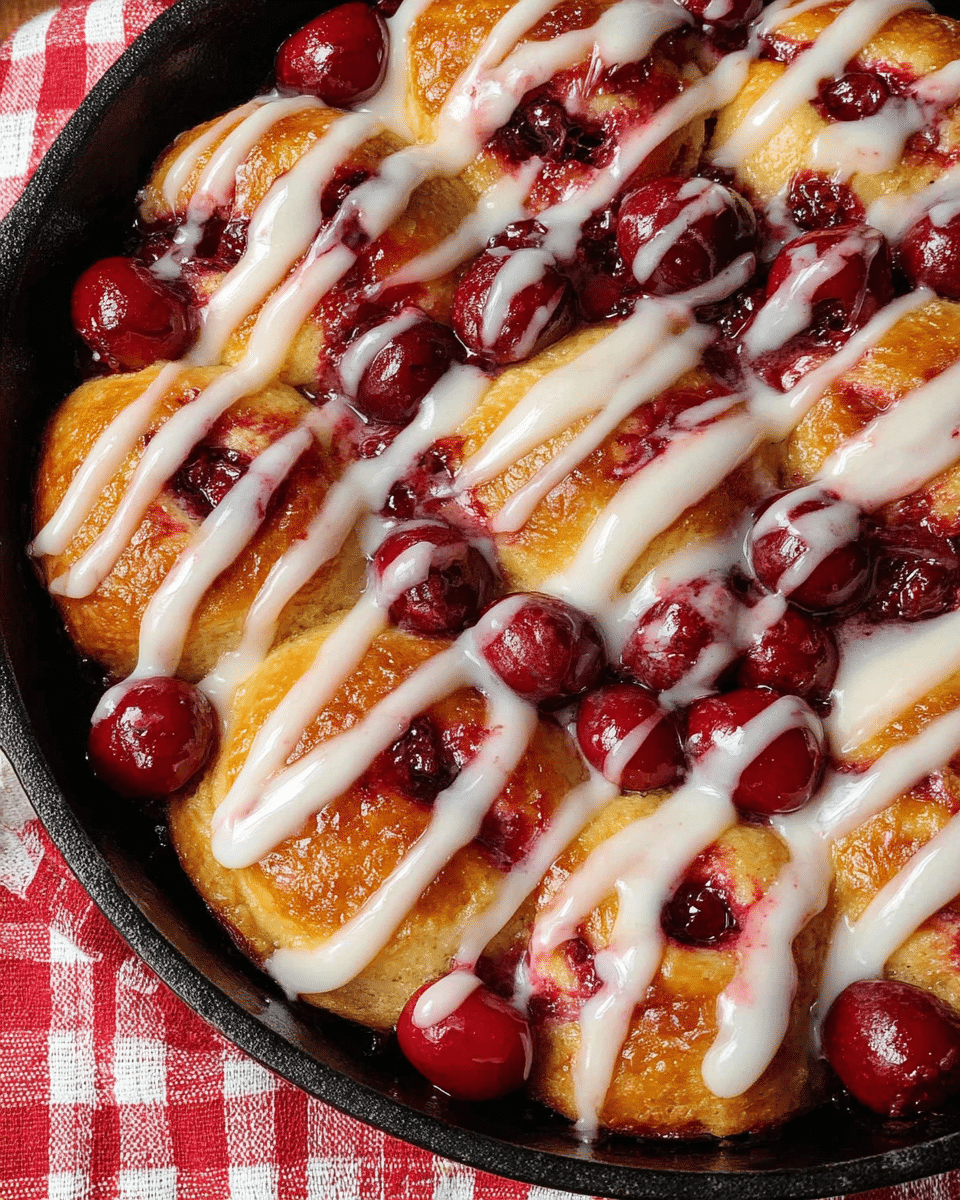 This image shows a close-up of a baked dessert in a round black skillet placed on a red and white checkered cloth. The dish has a base of golden-brown doughy rounds arranged close together. On top of the dough are scattered deep red cherries with a shiny appearance, some slightly sunken into the dough. White icing is drizzled in even, thin lines horizontally across the entire top, creating a striped pattern over both dough and cherries. The combination of the golden dough, the glossy cherries, and the white icing makes the dessert look sweet and inviting. Photo taken with an iphone --ar 4:5 --v 7