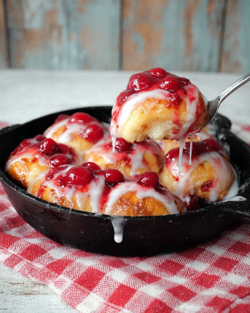 A black round cast iron pan filled with six golden-brown baked rolls arranged side by side, each roll drenched in white glaze lines and covered with a bright red cherry topping; a spoon lifts one roll on the right side, showing a slightly dripping white glaze and juicy cherries, with the pan resting on a red and white checkered cloth, all against a white marbled surface and a faded wooden wall background. photo taken with an iphone --ar 4:5 --v 7