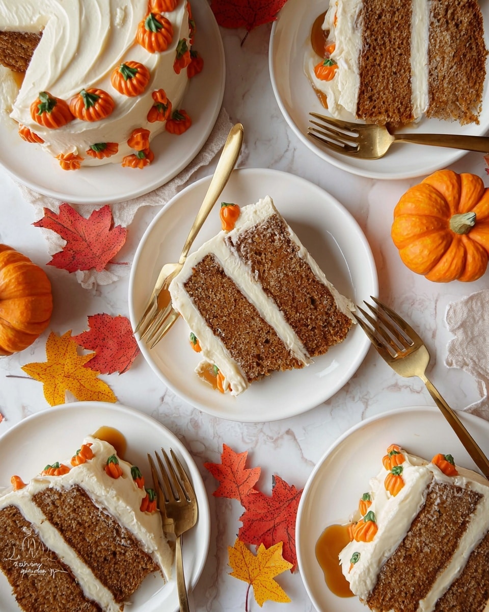 The image shows several slices of a three-layer pumpkin spice cake on white plates, each slice featuring two thick layers of brown spiced cake separated by creamy white frosting filled with a sticky, amber caramel layer that leaks slightly from the sides. The outer frosting is light cream color with small orange piped pumpkin shapes decorating the sides and top, accented with tiny brown stems. Each plate has a gold fork beside the cake slice. Small bright orange mini pumpkins and red and yellow fall leaves are placed around the plates on a white marbled surface, adding an autumn feel. Photo taken with an iphone --ar 4:5 --v 7