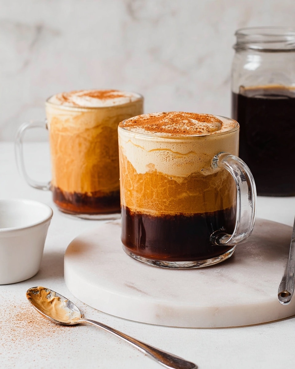 Two clear glass mugs are filled with a layered drink on a white marbled round tray. The bottom layer is a dark brown liquid with a slightly blurry texture, topped by a thick, foamy creamy layer in a light beige color with a dusting of brown powder on top. Behind the mugs, there is a clear glass jar filled with dark brown liquid. In front of the tray, a small white bowl and a silver spoon with some creamy residue lie on a white marbled surface. The background is a simple white marbled texture. photo taken with an iphone --ar 4:5 --v 7