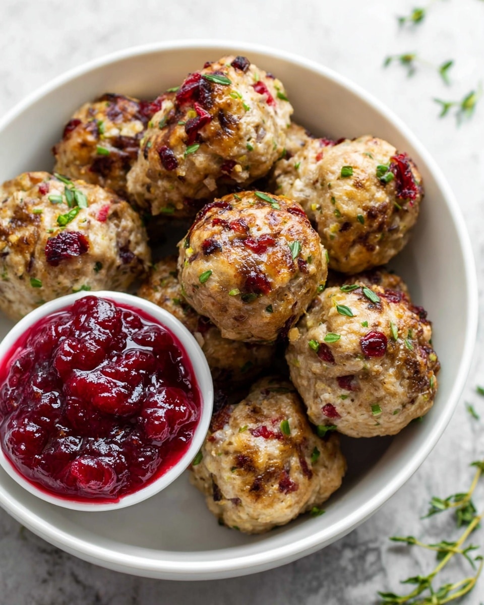 The image shows a white bowl filled with about eight golden-brown meatballs that have visible bits of red cranberries and flecks of green herbs sprinkled on top, giving them a textured look. Next to the meatballs inside the bowl is a small white dish filled with bright red cranberry sauce, which looks glossy and chunky. The bowl sits on a white marbled surface, with some scattered green herbs around the edges of the bowl. photo taken with an iphone --ar 4:5 --v 7