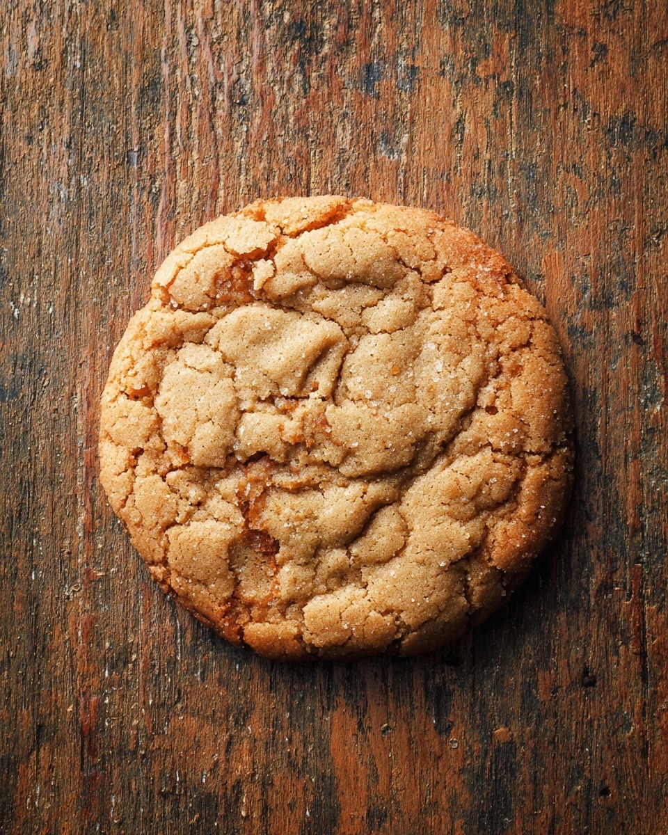 A single large cookie sits on a rustic wooden surface, showing a crinkled top with a golden-brown color and slightly darker edges. The surface texture looks soft and chewy with small cracks and a slightly rough appearance, hinting at a mix of ingredients folded into the dough. The cookie is round but uneven, emphasizing a homemade look. Photo taken with an iphone --ar 4:5 --v 7