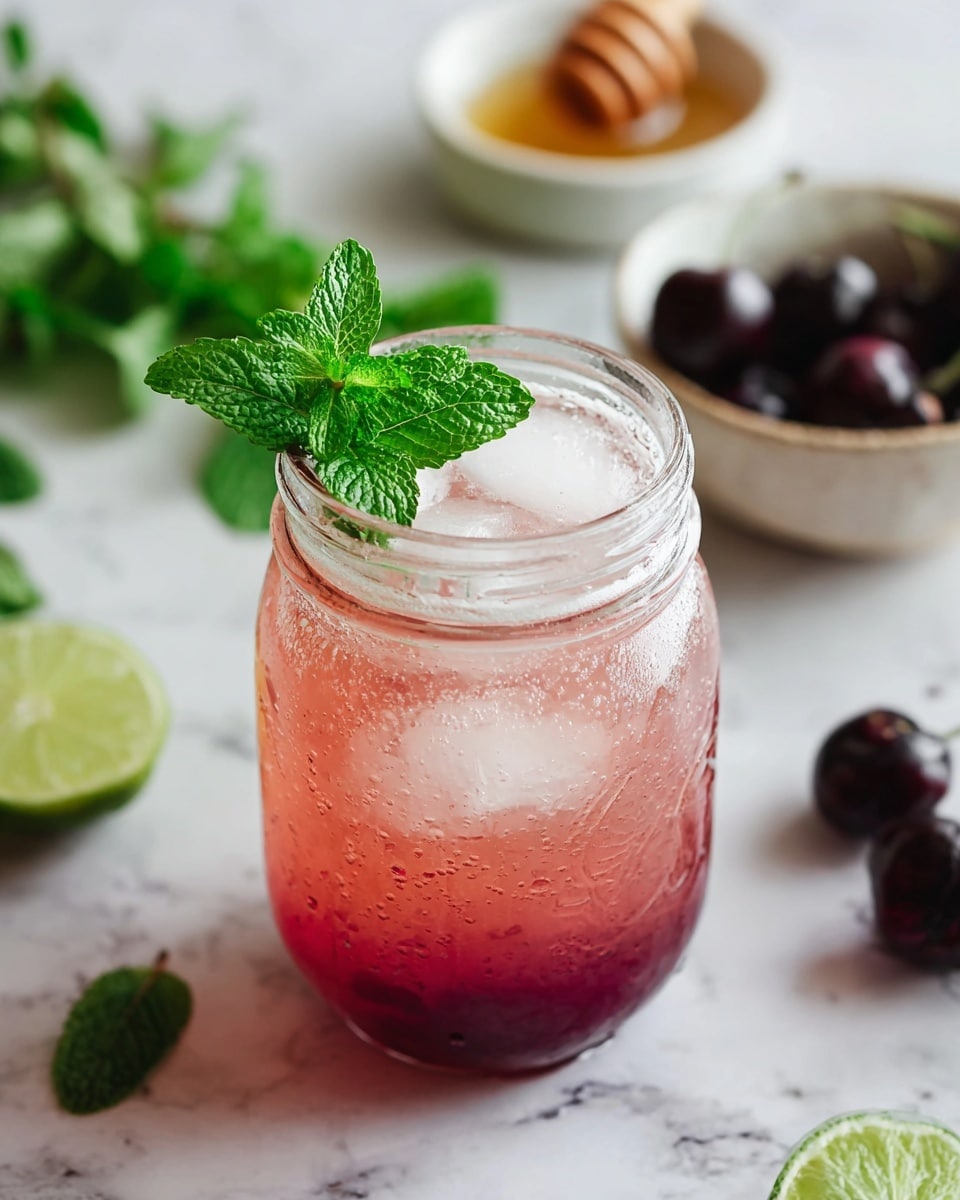 The image shows a three-layer drink in a clear mason jar. The bottom layer is a deep red color with small bubbles visible, giving a fizzy texture. The middle layer is a lighter pink, blending softly into the bottom red, and is filled with ice cubes making it look cold and refreshing. The top layer is a small frothy white foam layer with fresh, bright green mint leaves placed on top as garnish. The jar sits on a white marbled surface with dark red cherries and green lime halves nearby, along with a blurred bottle in the background. Photo taken with an iphone --ar 4:5 --v 7