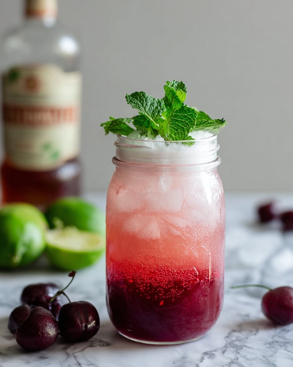 A clear glass jar filled with a pink fizzy drink that has a gradient from deep pink at the bottom to light pink at the top, layered with two large ice cubes floating near the surface. On top, a fresh green mint sprig with multiple textured leaves rests as a garnish. The jar is placed on a white marbled surface with blurred green mint leaves, halved lime pieces, dark cherries, and a white bowl with honey and a honey dipper in the background, giving a fresh and natural vibe. Photo taken with an iphone --ar 4:5 --v 7