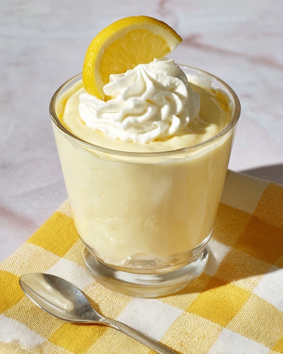 The image shows a white round dish filled with a smooth, pale yellow lemon pudding layer on the bottom. On top, there are eight evenly spaced dollops of white whipped cream with a textured, swirled pattern, each topped with small white sprinkles. Between the whipped cream dollops, thin slices of bright yellow lemon peel are placed, adding contrast and decoration. The dish sits on a yellow and white checkered cloth over a white marbled textured surface, and a silver utensil is visible to the right side. photo taken with an iphone --ar 4:5 --v 7