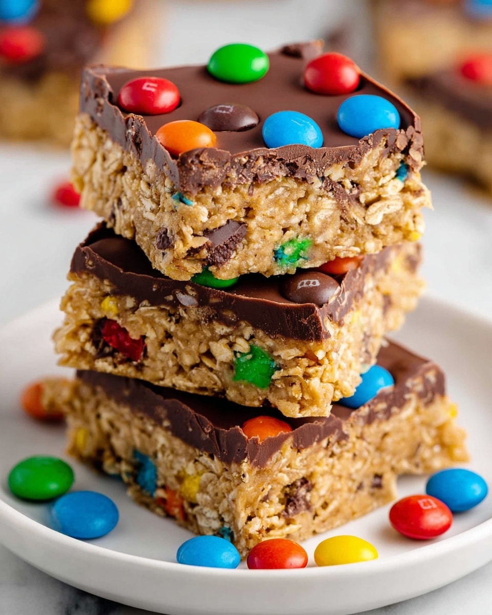 A stack of three thick oat bars is shown, each bar having two main layers. The bottom layer is a rough-textured, light golden oat mixture speckled with colorful candy pieces and chocolate bits. The top layer is a smooth, dark chocolate sheet, glossy and firm, decorated with colorful red, blue, green, and orange candy-coated chocolates scattered over it. The bars sit on a white plate that rests on a white marbled surface, with some candy pieces scattered around the base of the stack. photo taken with an iphone --ar 4:5 --v 7