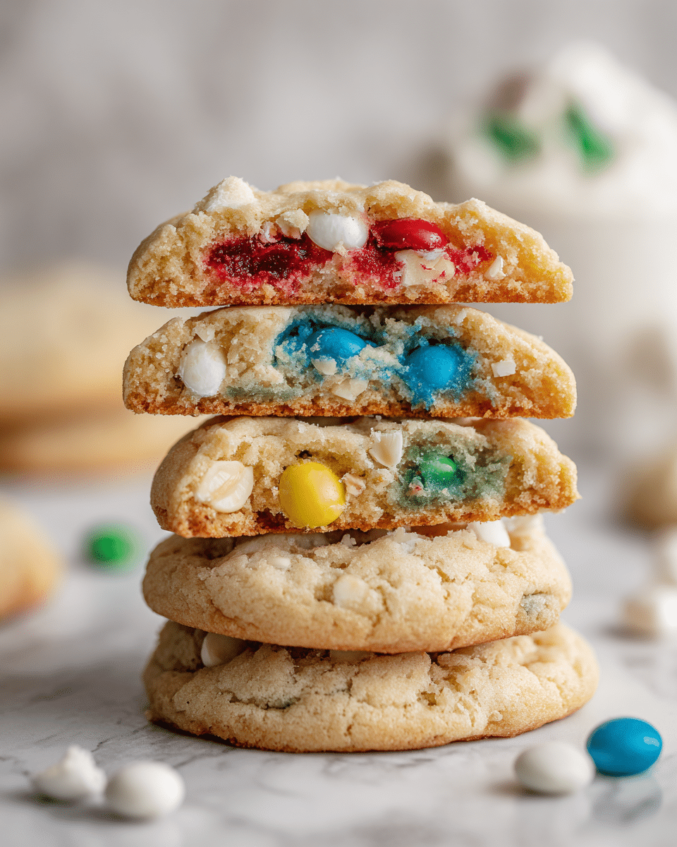 A stack of four cookie halves is shown on a white marbled surface, each cookie revealing colorful candy pieces inside. The top cookie half shows red candy inside a light brown, crumbly cookie dough layer. The second cookie half has blue candies set in the same light brown dough, with visible white nut pieces. The third cookie half contains yellow candies embedded in the dough, which looks soft and slightly crumbly. The bottom cookie half reveals green candy and white nuts within the dough. The background is softly blurred with white tones, including a white marbled surface and a white item with greenish details in soft focus. Photo taken with an iphone --ar 4:5 --v 7