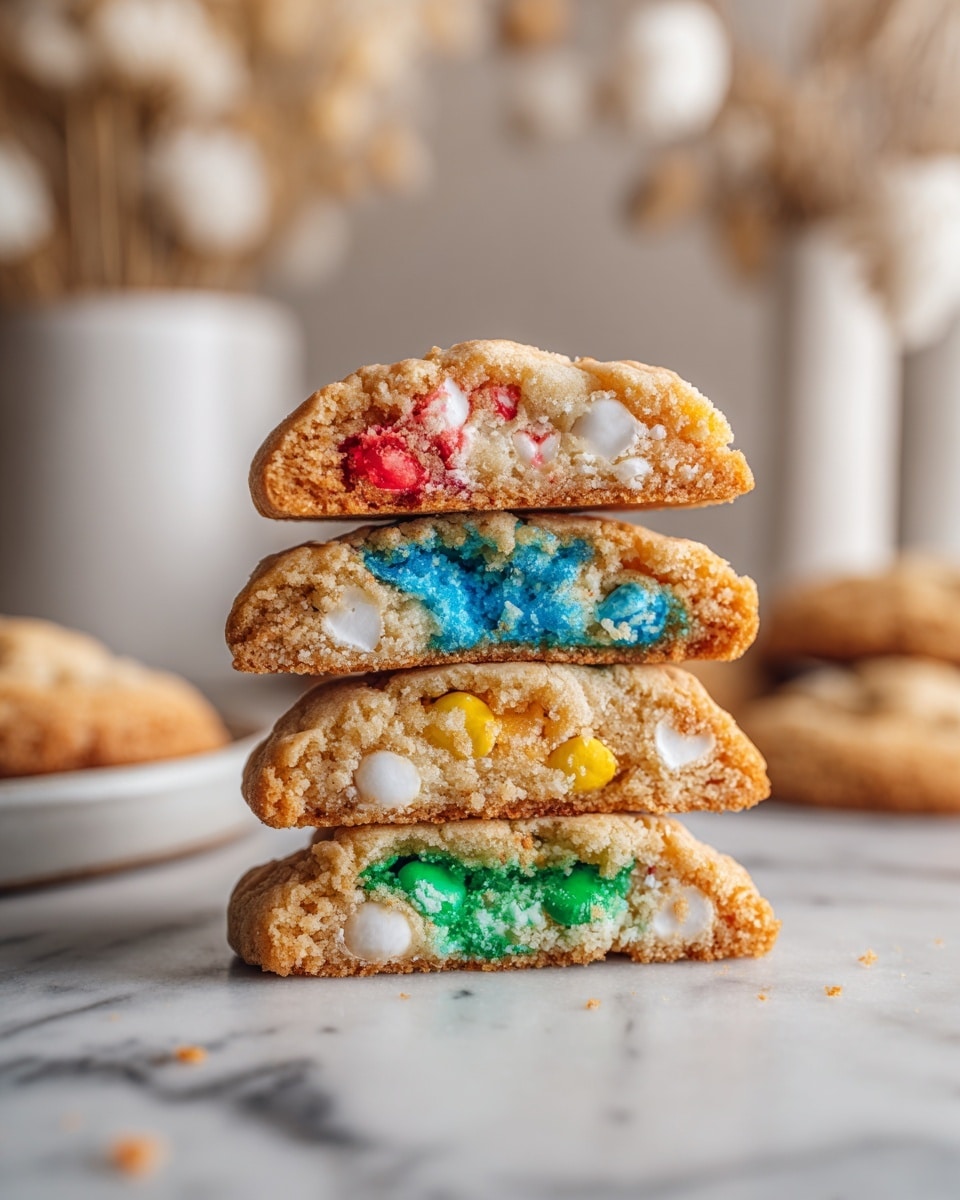 A stack of four cookie halves is shown on a white marbled surface, each layer revealing a different vibrant candy color inside. The bottom cookie slice has green and white candy pieces, the next layer reveals yellow candies, followed by one with bright blue candies, and the top cookie half shows red and white candy pieces. The cookie dough is golden brown with a soft, crumbly texture, and the candies are embedded in the centers. The blurred background features white items and a vase with light-colored dried flowers. Photo taken with an iphone --ar 4:5 --v 7