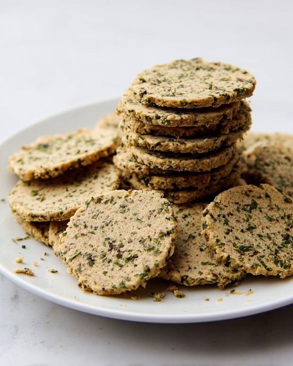 A pile of round, flat green herb crackers sits on a white plate with a few crumbs scattered around. The crackers are light brown with dark green bits of herbs spread evenly through each one. They have a rough, crumbly texture and are stacked in layers that create a small mound in the center of the plate. The background is a white marbled surface. photo taken with an iphone --ar 4:5 --v 7