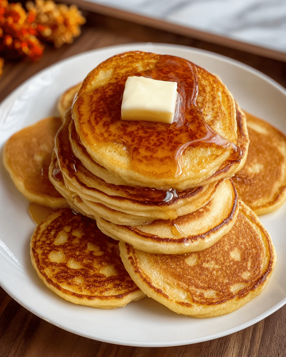 A white plate holds a stack of seven golden brown pancakes, arranged in two layers with four pancakes on the bottom and three on top. The top pancake is centered and thicker, with a square piece of creamy butter melting on it, drizzled with shiny amber syrup that spills over the edges across the stack. The pancakes each have a soft, fluffy texture and light browning patterns on their surfaces. The plate is on a wooden table with a white marbled textured background just visible. Photo taken with an iphone --ar 4:5 --v 7
