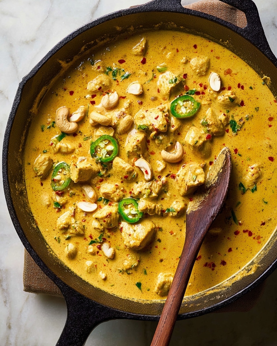 A deep black cast iron pan holds a creamy, thick curry with a rich golden-yellow color. The curry is filled with medium-sized chunks of tender chicken evenly spread through the sauce. On top, sliced green chili rings, whole cashew nuts, and small bits of fresh green herbs add pops of bright green and light beige. Tiny red chili flakes sprinkled across the surface add a touch of red contrast. A wooden spoon with a smooth, dark handle rests partly submerged on the right side of the pan, lifting some curry to show its thick texture. The pan is set against a white marbled texture. photo taken with an iphone --ar 4:5 --v 7
