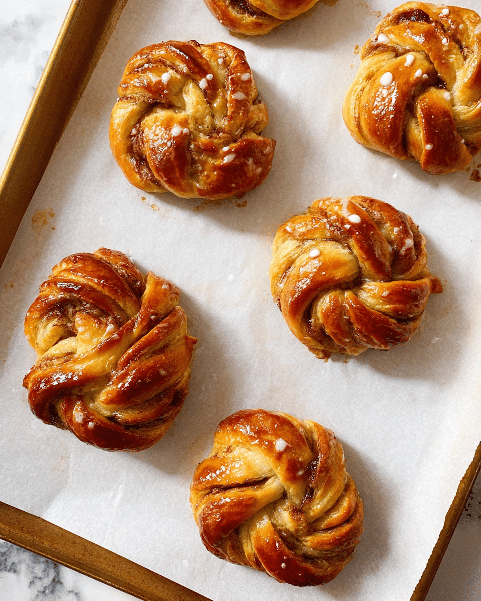 The image shows six baked pastry knots on white baking paper placed on a baking tray. Each pastry has multiple twisted layers with a golden brown shiny crust and visible sugar glaze drops on top. The dough layers are light to medium brown with some darker spots indicating caramelized sugar or cinnamon filling inside. The pastries are spaced out evenly, and the surface beneath the tray is a white marbled texture. photo taken with an iphone --ar 4:5 --v 7