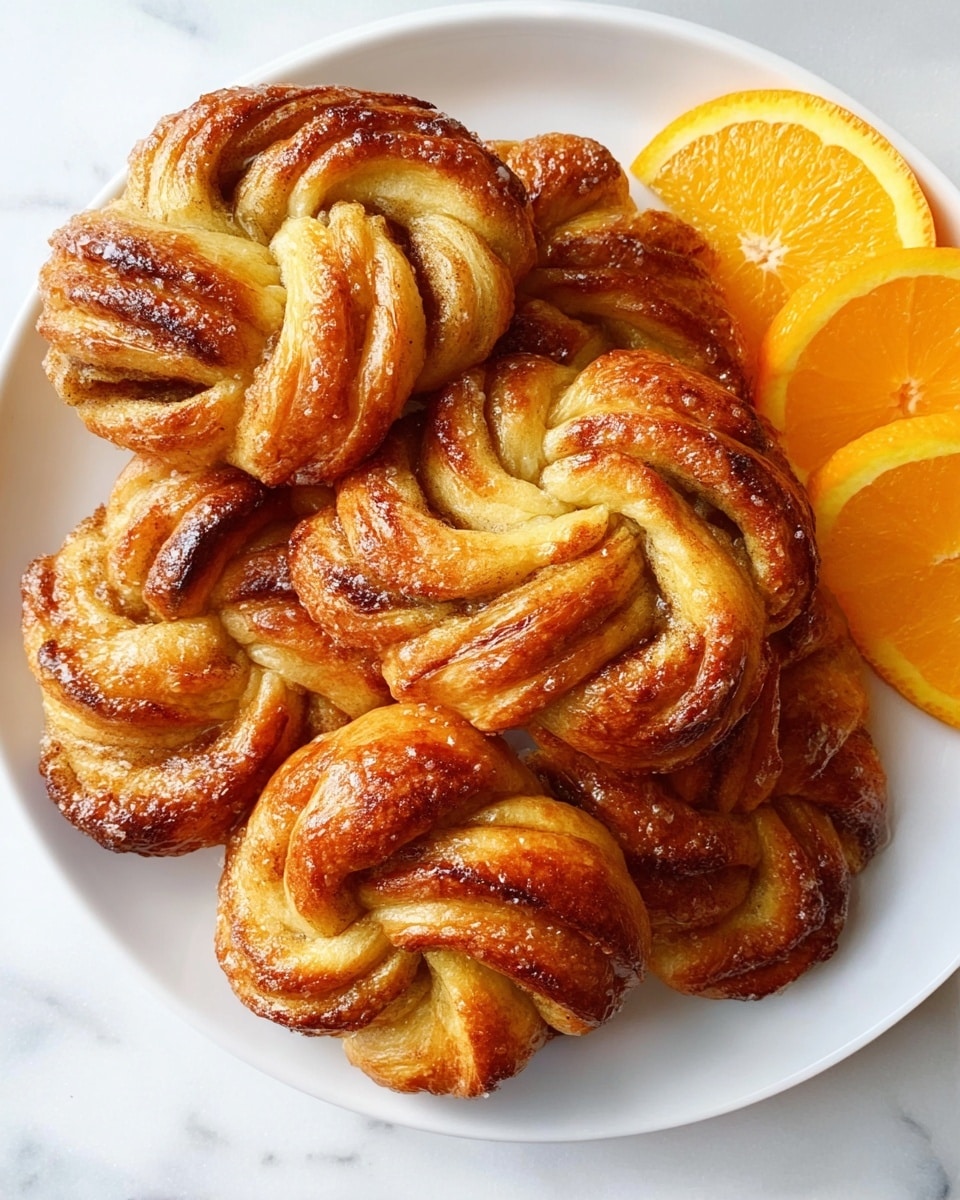 A white plate holds a pile of golden brown knotted pastries with a shiny, slightly crispy crust. The pastries show multiple twisted layers of light yellow dough with darker, cinnamon-like swirls inside. On the top right edge of the plate, there are several bright orange slices with juicy texture contrasting the warm tones of the buns. The plate sits on a white marbled surface. photo taken with an iphone --ar 4:5 --v 7