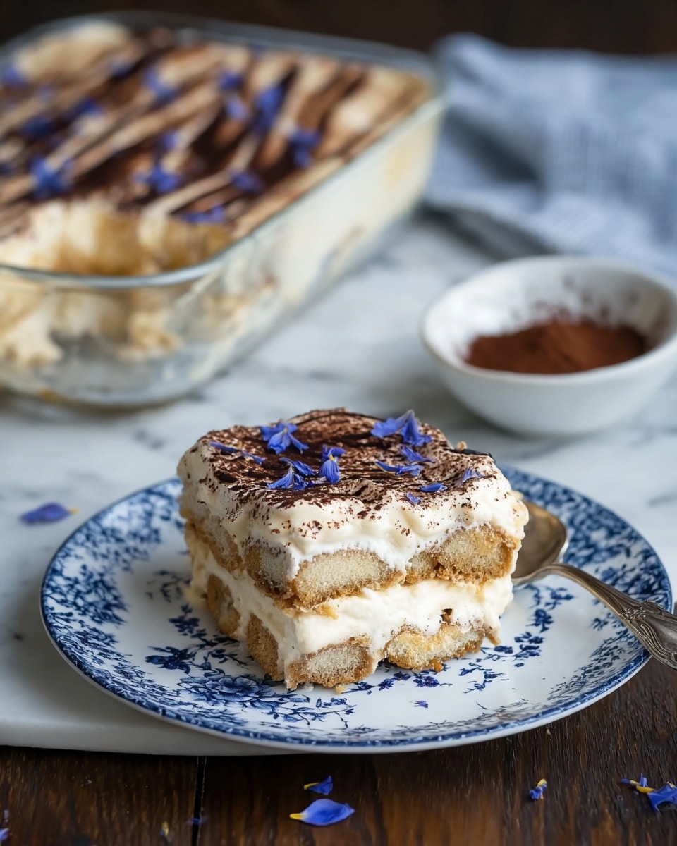 A glass rectangular dish holds a layered dessert with three visible layers: a light brown base layer with a crumbly texture, a middle creamy light beige layer, and a top smooth white cream layer decorated with dark powder swirls and small blue flower petals scattered on top. A piece from the dish is placed on a white plate decorated with blue floral patterns, showing two layers of the light brown and creamy filling. Nearby, a silver pie server with some cream residue beside the plate, a teacup with black tea and a silver spoon in it on a matching white saucer with blue stripes, and a blue teapot with a textured surface sit on a wooden table. Small white and blue flower petals are sprinkled around, all set on a white marbled textured background. photo taken with an iphone --ar 4:5 --v 7