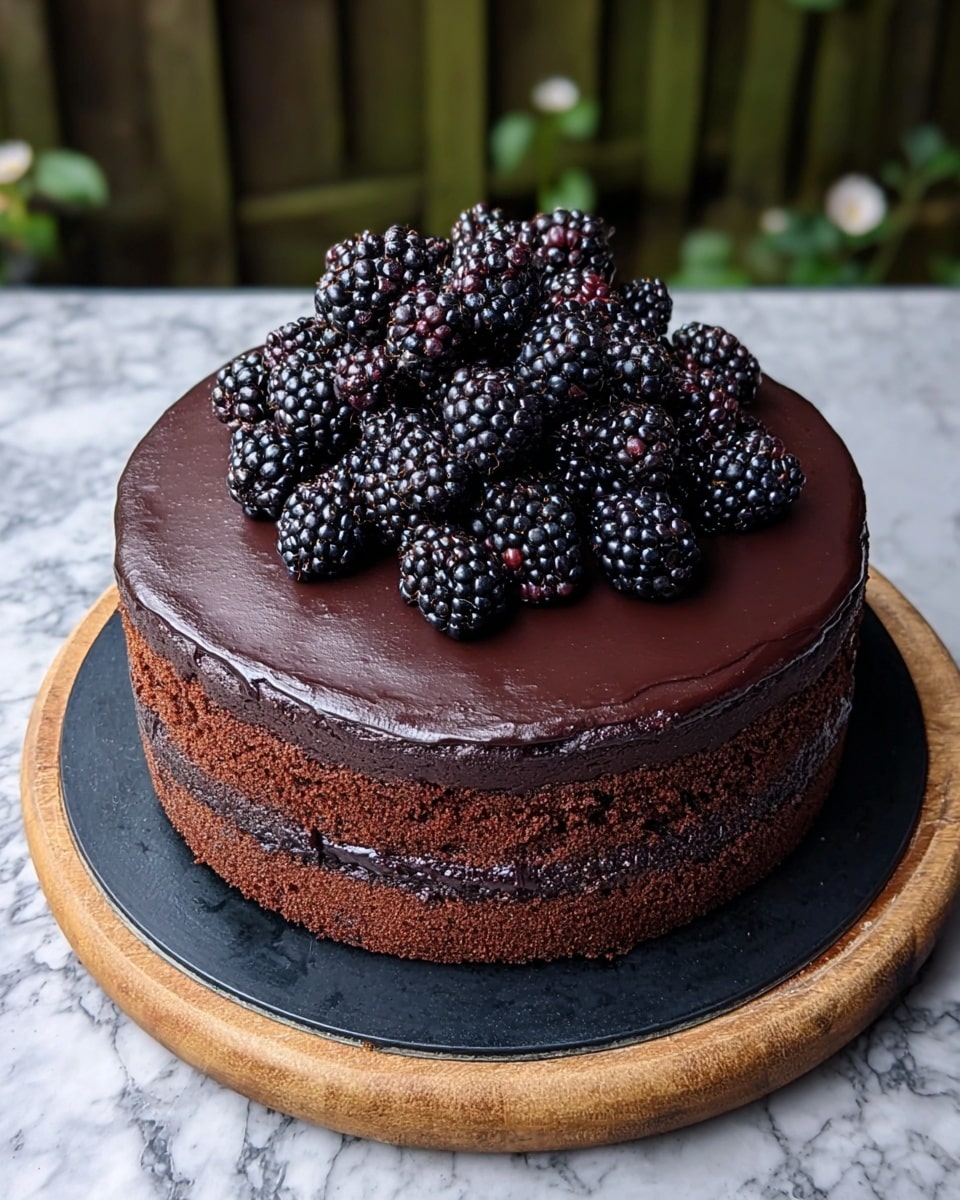 A two-layer round chocolate cake is shown, with a rich, dark chocolate frosting covering the top and sides smoothly. The bottom layer is a deep brown, slightly crumbly chocolate sponge, while the top layer is a thick, glossy dark chocolate ganache. On top, there is a pile of fresh blackberries, dark purple-black in color with a shiny, bumpy texture. The cake is placed on a black cake board, which sits on a round wooden board, all against a white marbled texture background. Photo taken with an iphone --ar 4:5 --v 7