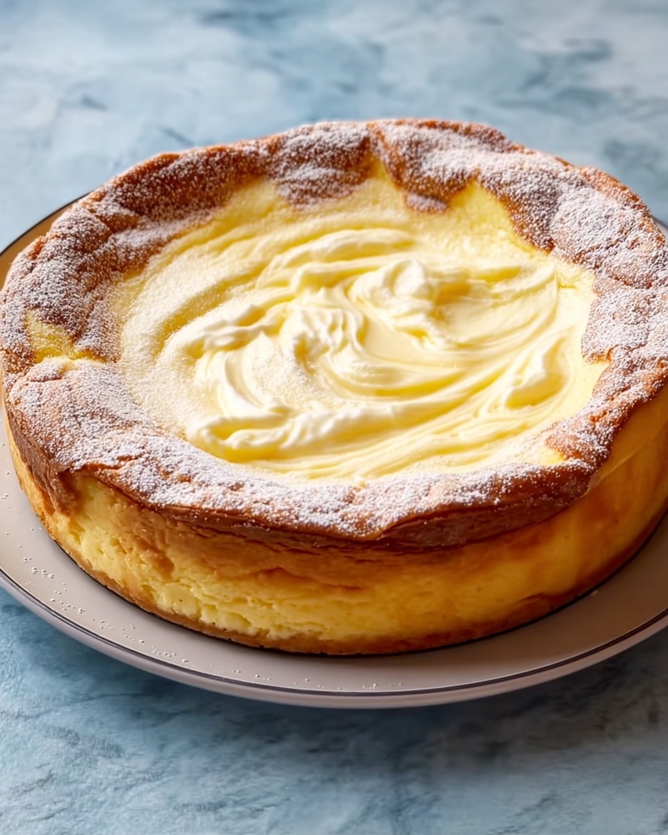 A round cheesecake with a thick, golden-brown crust forming the outer layer, slightly rough and cracked at the edges; inside, a smooth, creamy pale yellow filling with soft swirls on the surface; light dusting of powdered sugar on top of the crust and filling; the cheesecake sits on a white plate with a thin gray rim, placed on a white marbled textured surface. Photo taken with an iphone --ar 4:5 --v 7