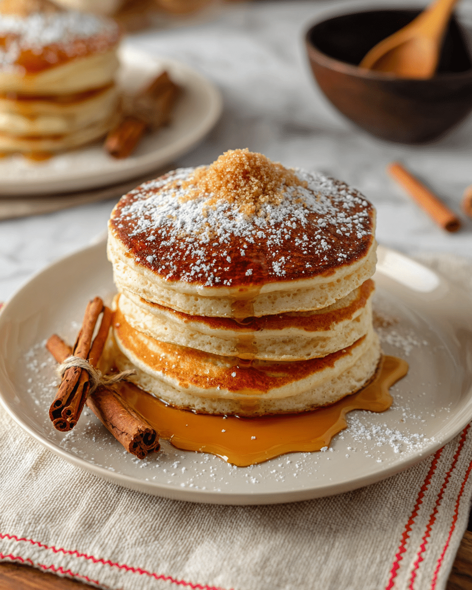 A stack of four thick, fluffy pancakes with a golden-brown top layer sits in the center of a white plate, drizzled with amber syrup that flows down the sides and pools on the plate. There is a sprinkle of white powdered sugar on the pancakes, topped with a small mound of brown sugar in the middle. To the side, three cinnamon sticks tied together with string rest on the plate. The plate is placed on a beige cloth with red stitching over a white marbled surface. In the background, there's another white plate with a smaller stack of pancakes and a dark bowl with a wooden spoon inside. Photo taken with an iphone --ar 4:5 --v 7