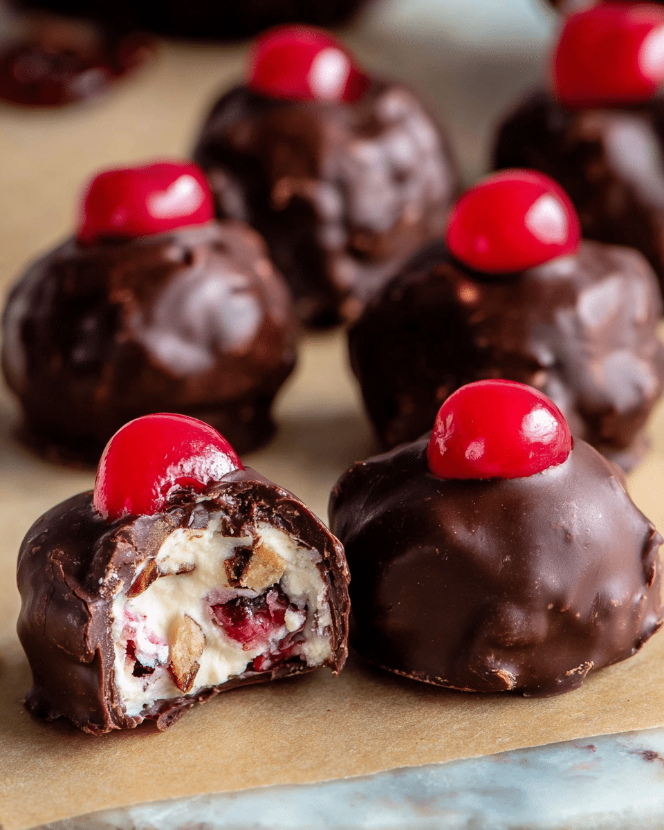 The image shows several chocolate-covered round treats placed on a light brown surface with a white marbled texture. Each treat has a shiny, deep dark brown chocolate coating with a slightly uneven texture. On top of each one sits a bright red glossy cherry. One treat in the front has a large bite taken out, revealing a creamy white filling with small bits of red and some brown pieces inside. The treats are arranged in a loose group, and the focus softly blurs the ones in the background. Photo taken with an iphone --ar 4:5 --v 7