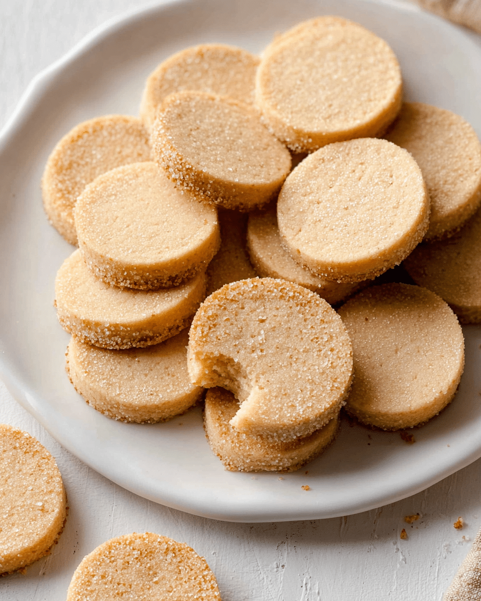 A white plate holds a pile of round shortbread cookies, about two layers thick, arranged unevenly with one cookie showing a bite, revealing a light golden, crumbly texture inside. Each cookie has a sandy tan color with a slightly darker edge and is coated with coarse sugar crystals that catch the light, giving a subtle sparkle. A few more cookies are partially visible scattered around the plate on a white marbled surface. Photo taken with an iphone --ar 4:5 --v 7