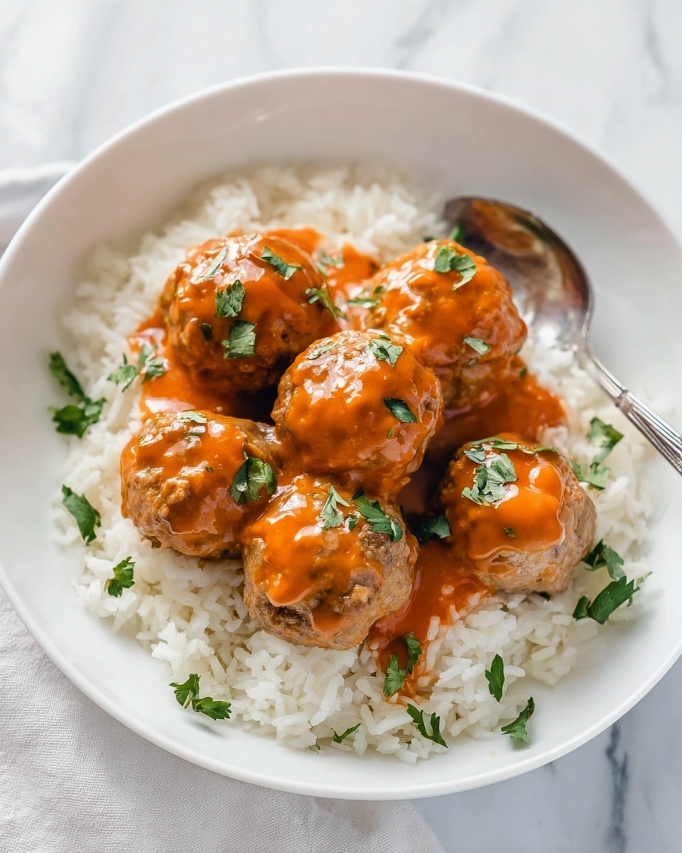 The dish shows a white bowl filled with a base layer of fluffy white rice. On top are five round meatballs, each covered in a shiny orange sauce that looks smooth and slightly thick. Small pieces of fresh green herbs are sprinkled over the meatballs and rice, adding color contrast. A silver fork is partially visible resting inside the bowl on the right side against the rice. The dish is placed on a white marbled surface with soft natural light highlighting the textures. photo taken with an iphone --ar 4:5 --v 7