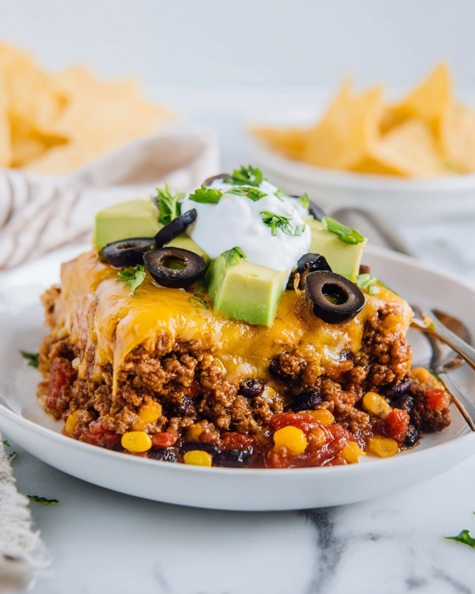 A white plate holds a layered dish starting with a mix of cooked ground meat, black beans, corn, and diced tomatoes forming the bottom layer, rich with brown, black, yellow, and red colors. The second layer is bright melted cheddar cheese, golden and slightly dripping over the sides. On top, there are black olive slices and chunks of fresh green avocado scattered around. A dollop of white sour cream sits at the center, garnished with small green herb pieces. The background is a white marbled texture, with a spoon resting on the plate and some yellow tortilla chips slightly blurred in the back. photo taken with an iphone --ar 4:5 --v 7