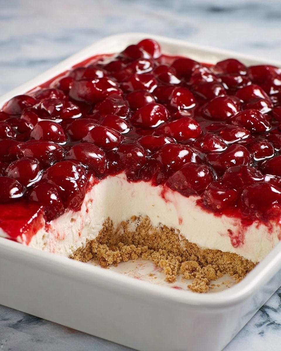 The image shows a three-layer dessert in a white rectangular dish. The bottom layer is a crumbly, light brown crust with a coarse texture. The middle layer is a smooth, creamy white filling, thick and soft. On top, there is a shiny, deep red cherry topping with whole cherries visible, covered in a glossy gel. A portion of the dessert is missing from the front right corner, revealing the layers clearly. The dish is set on a white marbled surface. photo taken with an iphone --ar 4:5 --v 7