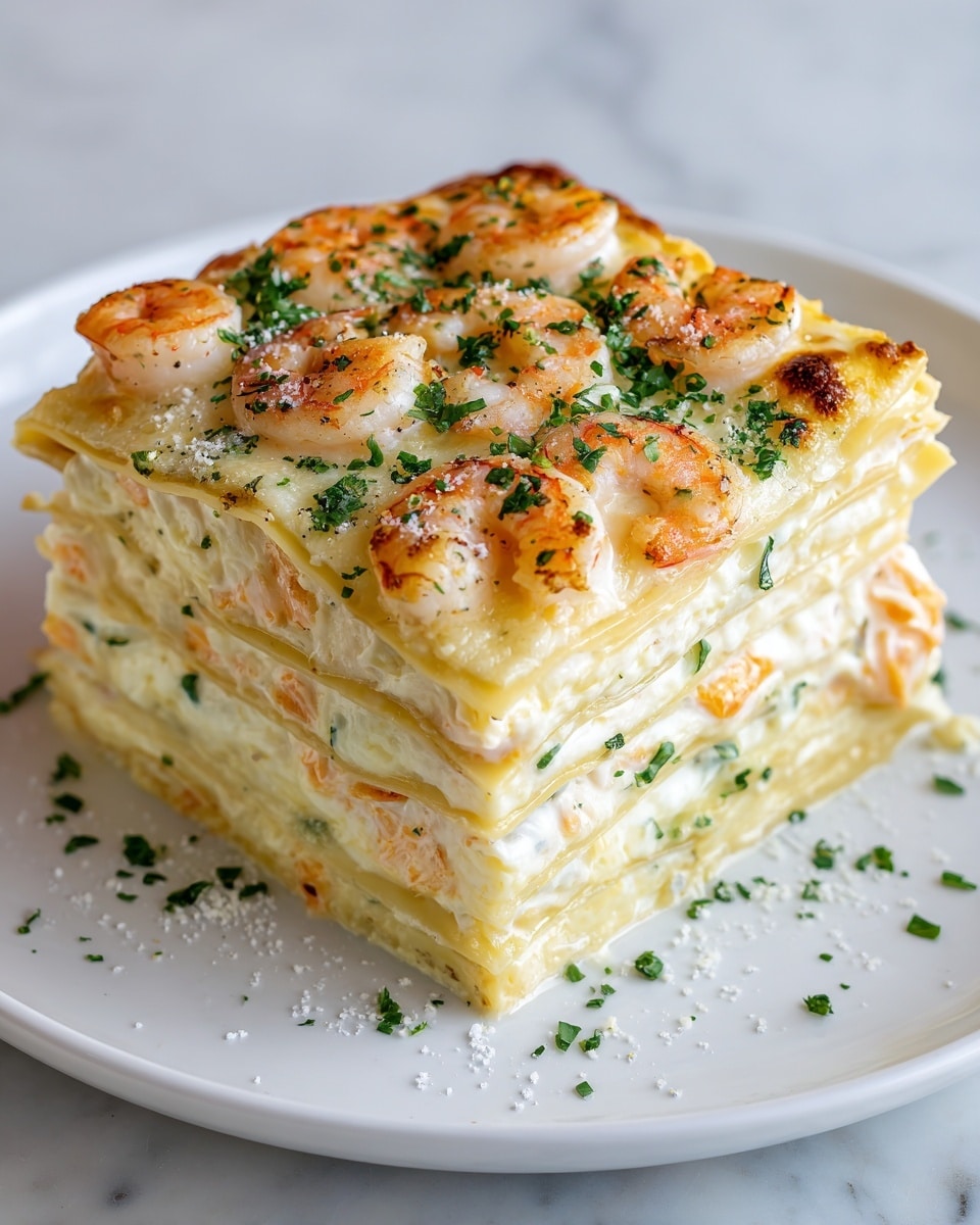 A tall, square piece of shrimp lasagna sits on a white plate, showing four visible layers of pale yellow pasta sheets. Between each layer, there is a creamy white mixture with small shrimp pieces and some light orange sauce. The top layer is golden brown with melted cheese and whole cooked shrimp scattered across, garnished with green herbs finely chopped and sprinkled all over. The cheese has some browned spots, adding texture, and small white granules like salt or cheese powder are lightly dusted on top and the plate edges. The plate rests on a white marbled surface. photo taken with an iphone --ar 4:5 --v 7