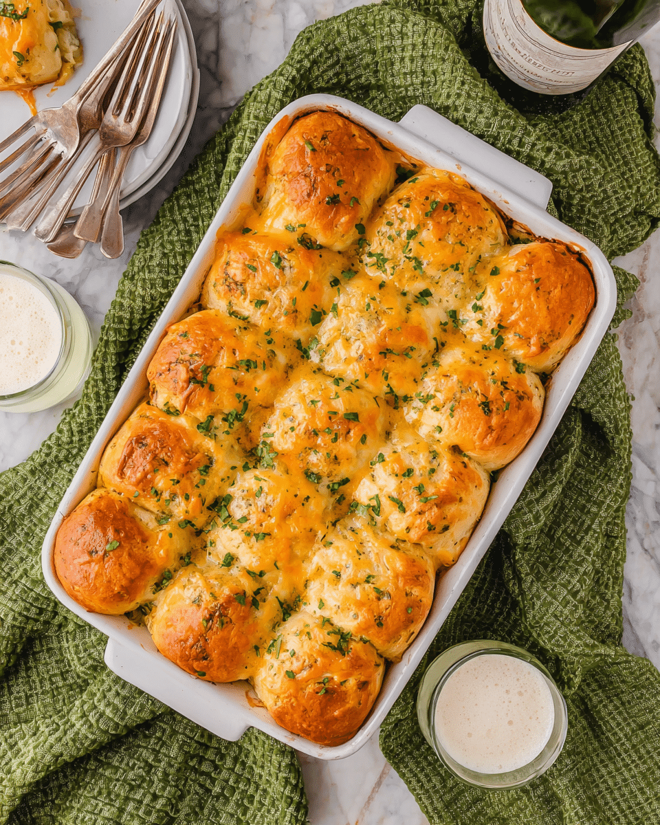 A white rectangular baking dish filled with sixteen golden-brown baked rolls, each topped with melted cheese and sprinkled with chopped green herbs. The rolls are arranged in four rows and four columns, showing a crispy and slightly shiny texture with some browned spots. The dish sits on a white marbled surface, surrounded by a green quilted cloth and a green checkered towel. Nearby, there is a white plate with three forks and two glasses filled with a frothy white drink. photo taken with an iphone --ar 4:5 --v 7