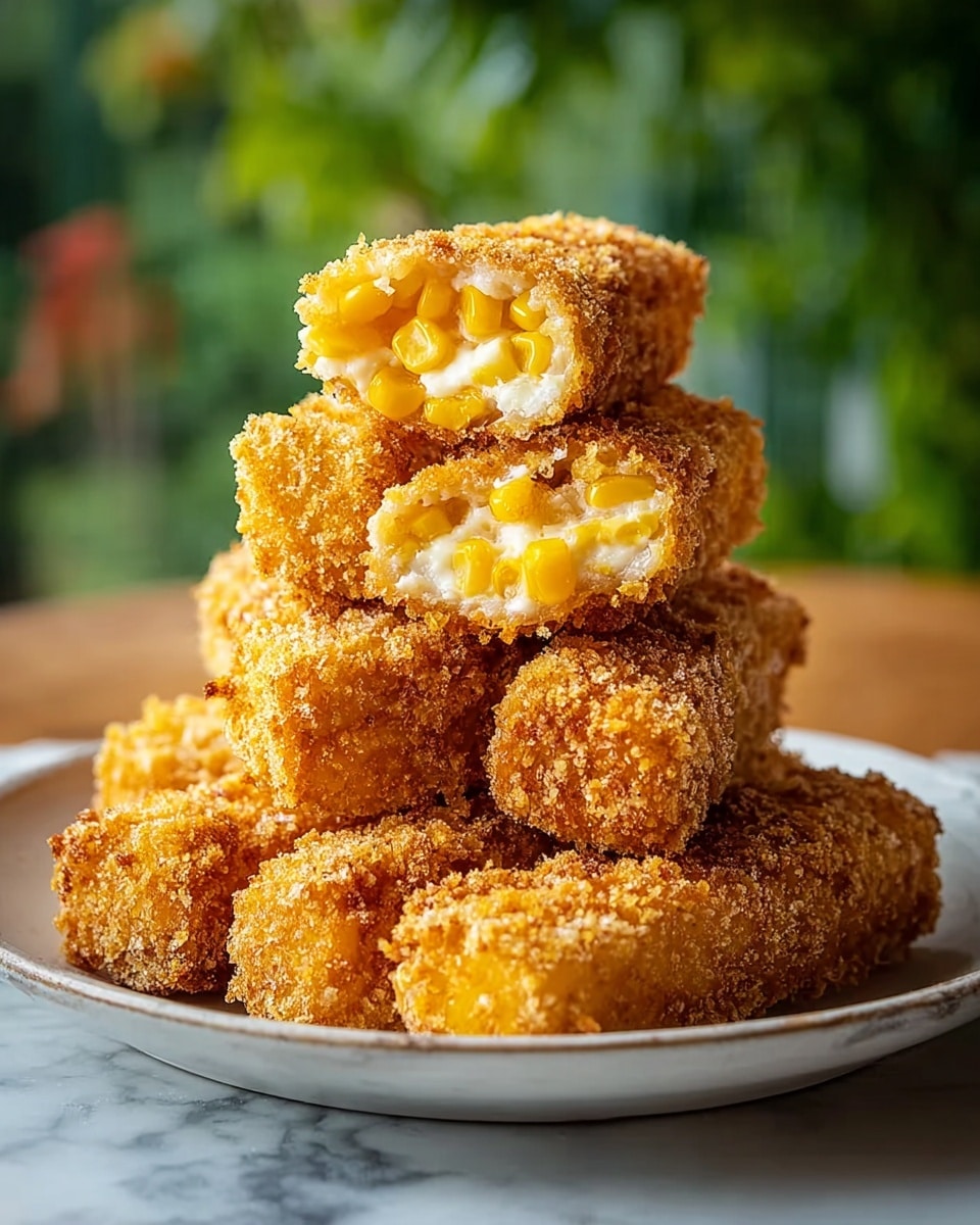 A stack of golden brown crispy fried sticks is piled on a white plate; each stick has a rough and crunchy outer layer with a deep golden color from the frying. The inside of the sticks is creamy white with bright yellow corn kernels visible in the center. One stick is broken in half and placed on top, showing the soft, creamy, and chunky corn filling inside, contrasting with the crunchy outside. The plate sits on a white marbled surface with a blurred green background. photo taken with an iphone --ar 4:5 --v 7